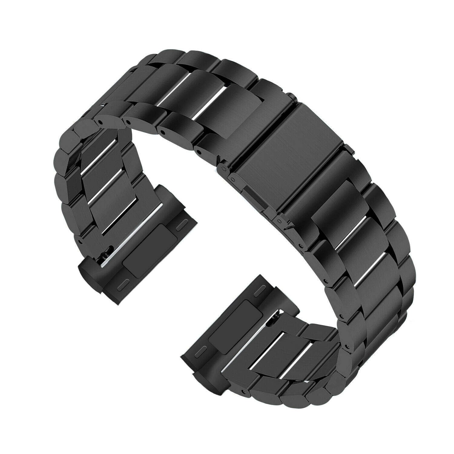 Ein schwarzes Armband mit Metallgliedern, einem Verschluss und Befestigungspunkten liegt vor weißem Hintergrund.