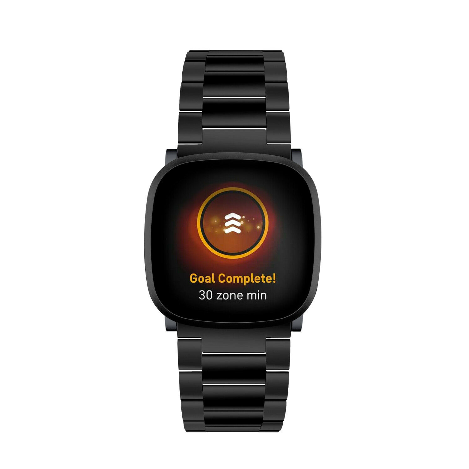 Schwarze Smartwatch mit schwarzem Metallarmband. Der Bildschirm zeigt eine Zielerfolgsmeldung und die Uhrzeit an.