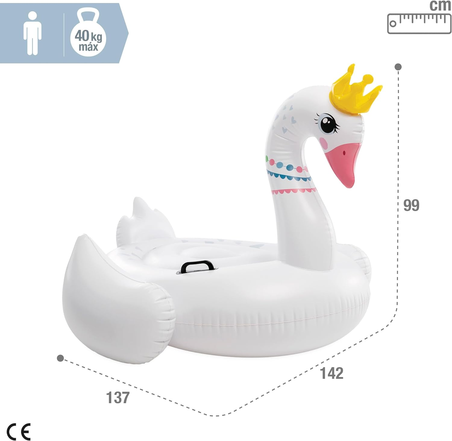 Aufblasbares weißes Schwan-Schwimmtier mit gelber Krone, Maßen und einem Personensymbol.