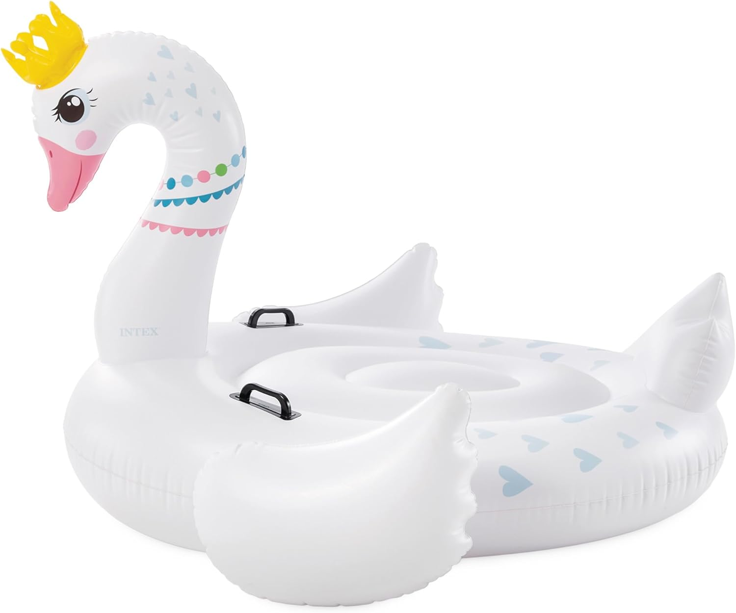Weißes, schwanförmiges aufblasbares Pool-Float mit gelber Krone, pinkfarbenem Schnabel und blauen Herzen.