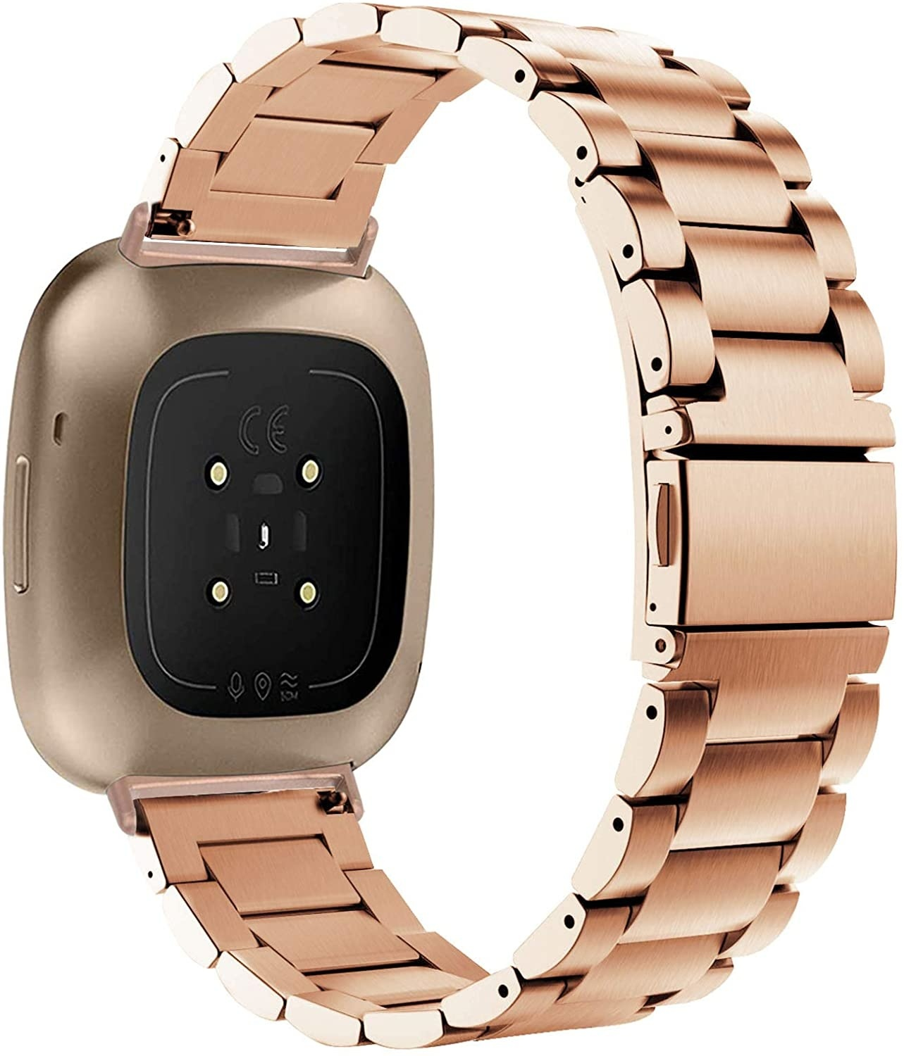Roségoldene Smartwatch mit Metallarmband, die Rückseite der Uhr ist sichtbar.