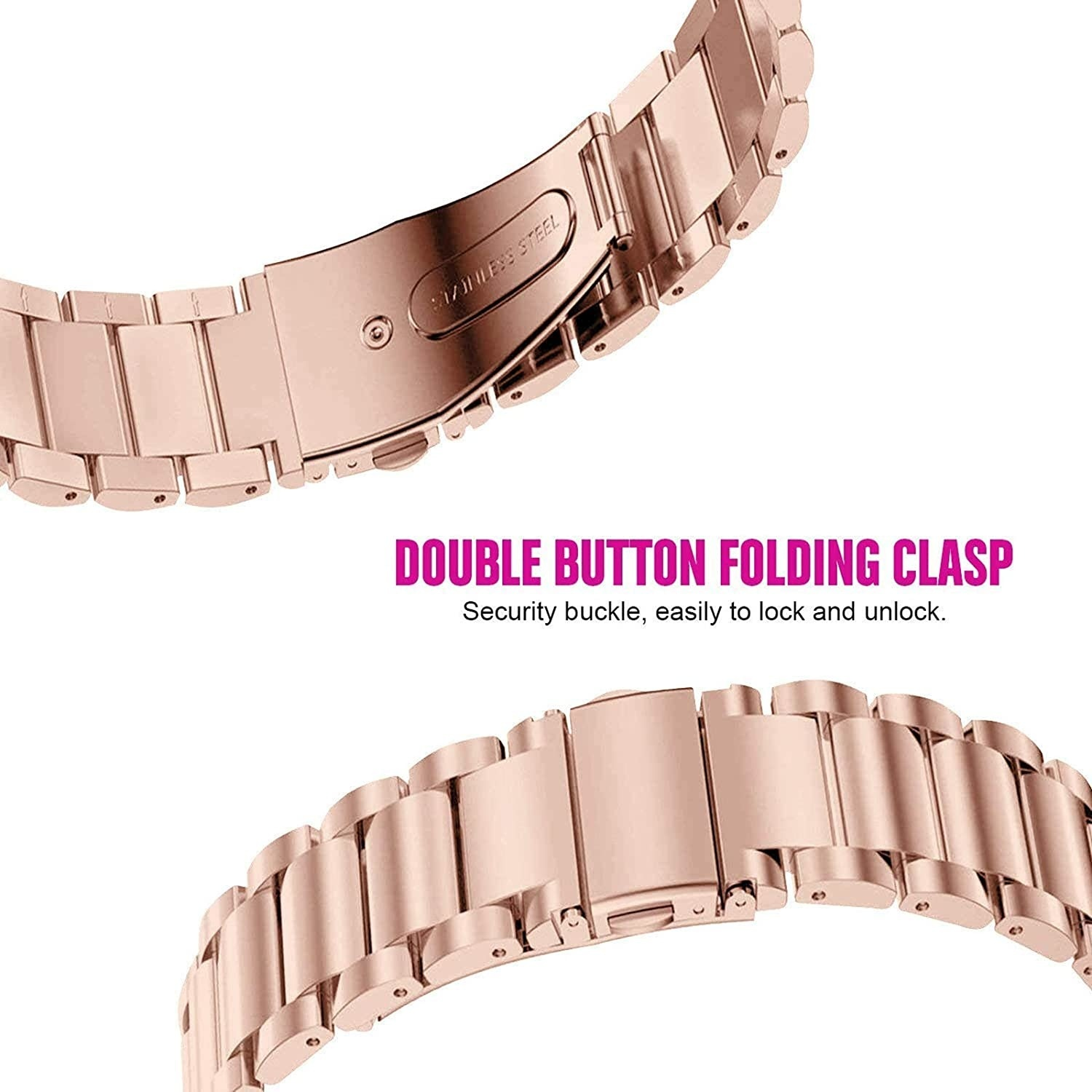 Roségoldfarbener Uhrenarmbandverschluss mit doppeltem Knopffaltdesign.