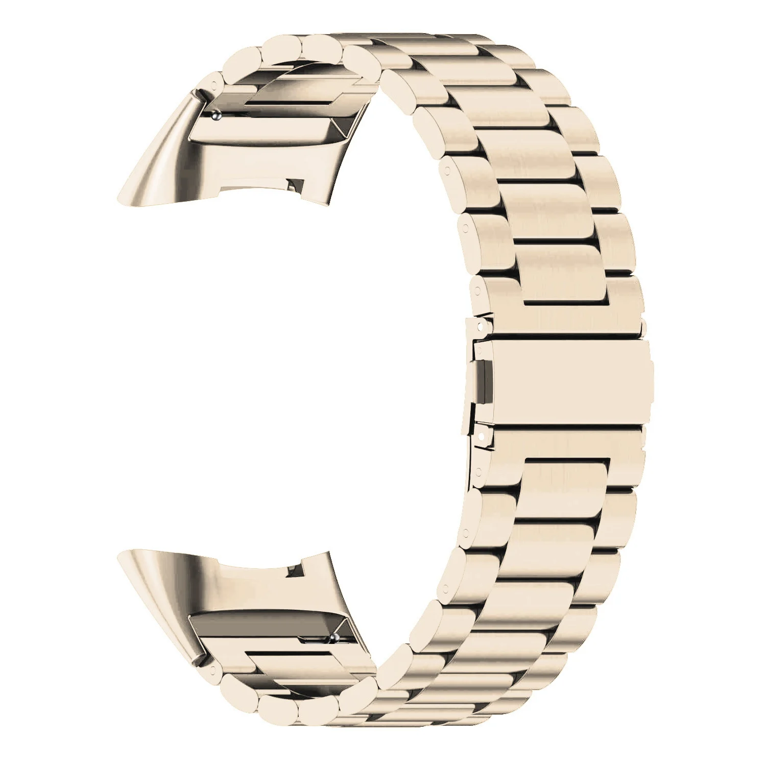 Goldenes Uhrenarmband, Metallglieder, geschwungenes Design.