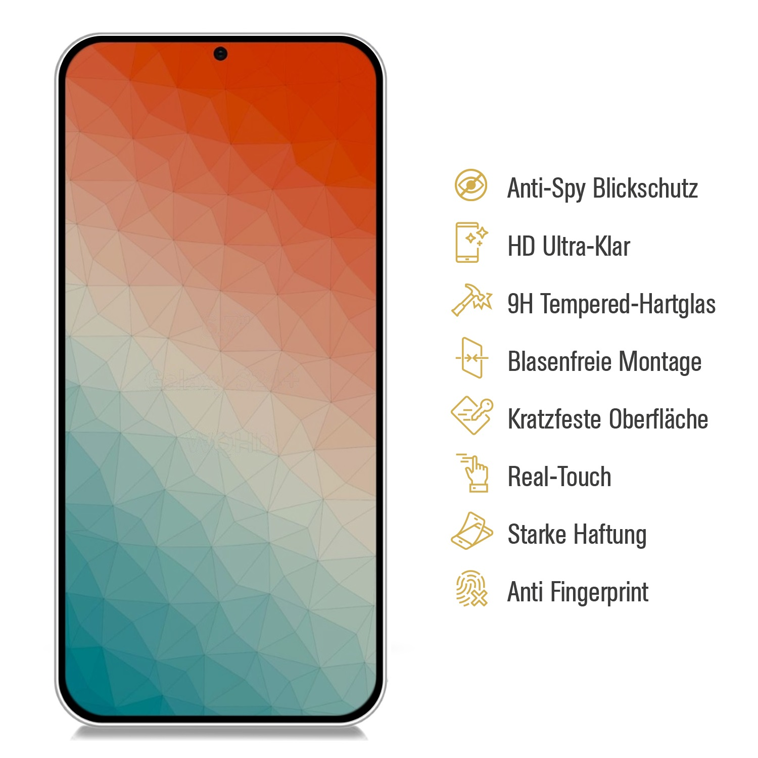 Smartphone mit Displayschutz. Weißer Hintergrund mit Symbolen. Textetiketten.