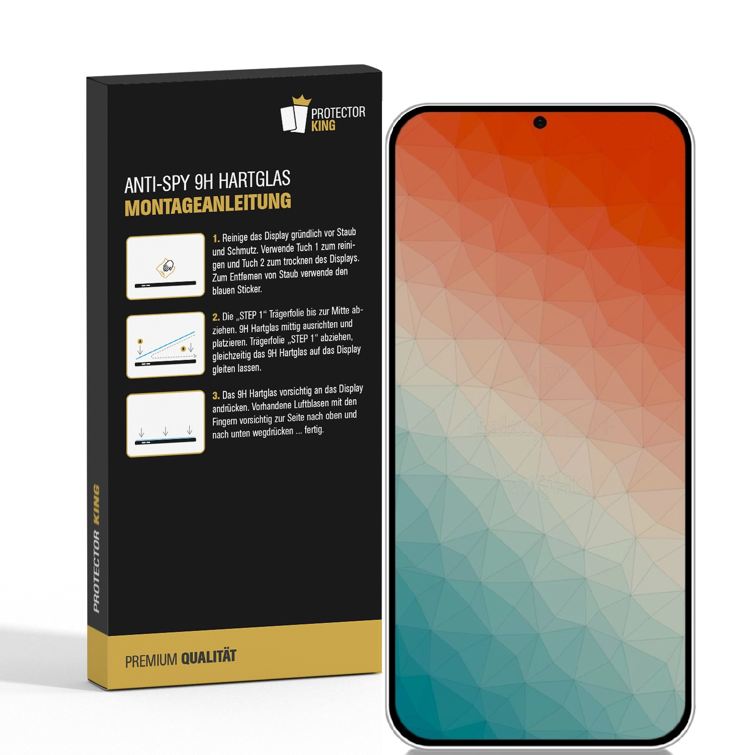 Displayschutzfolien-Verpackung und Telefon mit Farbverlauf-Hintergrund und Anleitung.