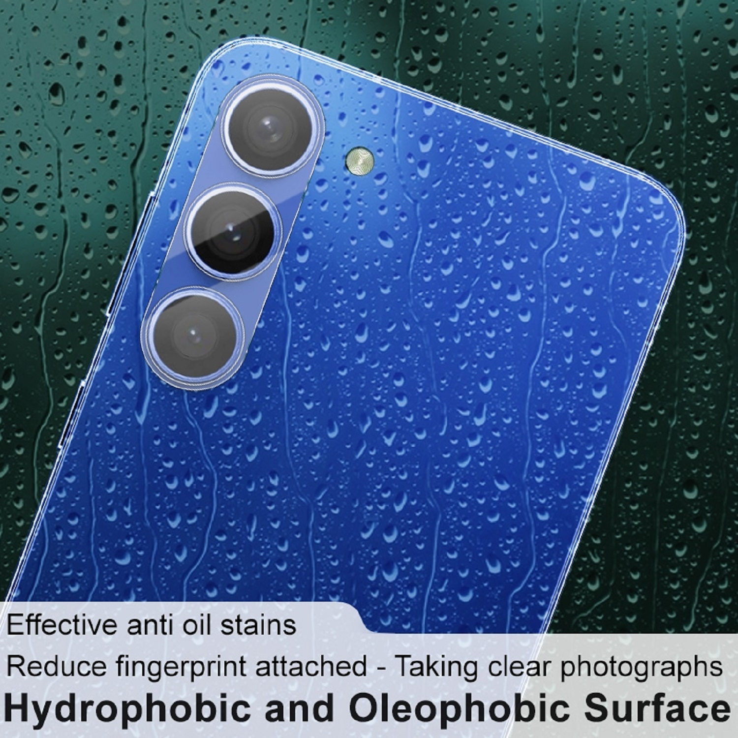Blaue Handy-Rückseite mit Wassertropfen. Text über Ölflecken und Fotografie.