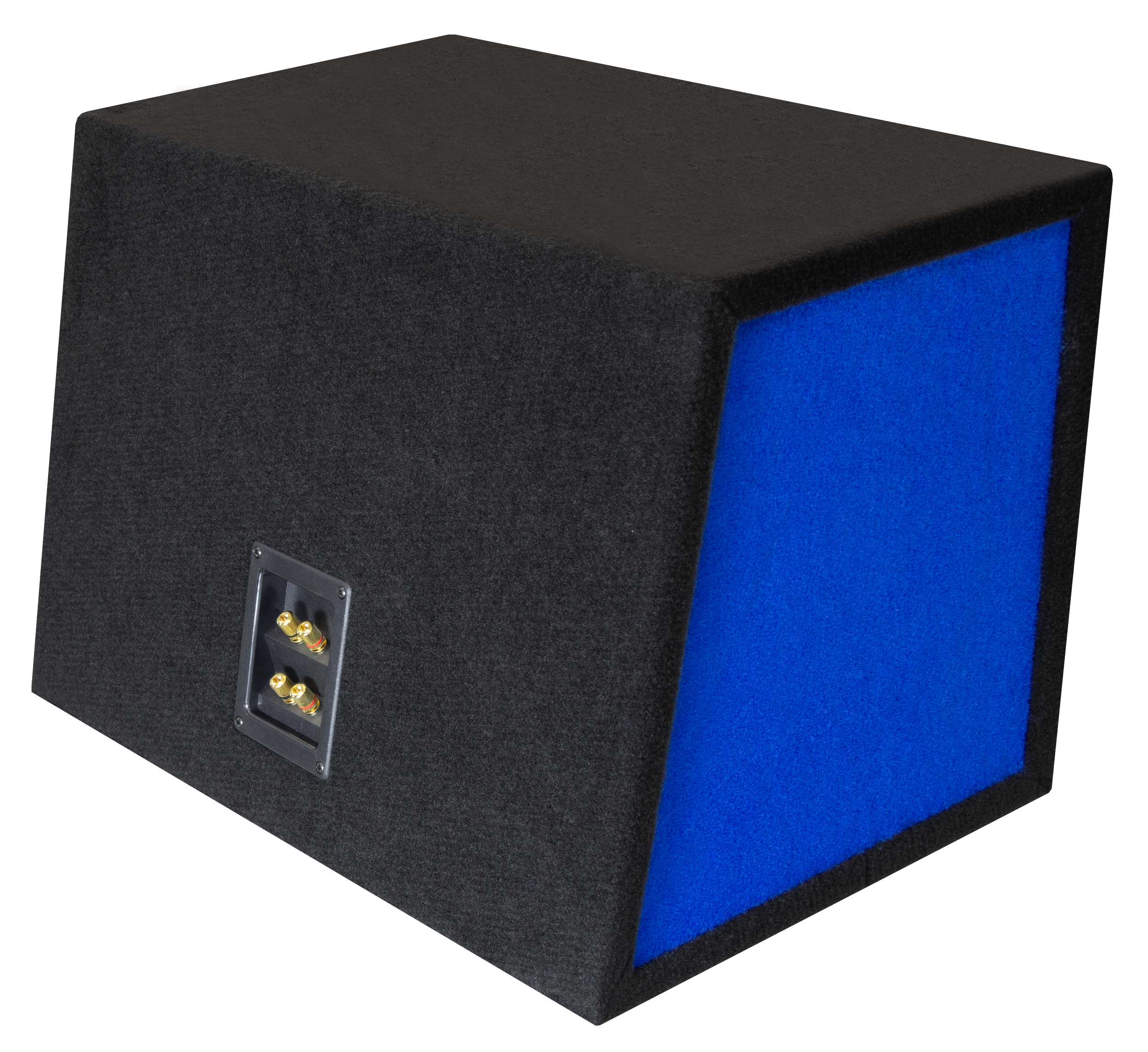Eine schwarze Lautsprecherbox mit blauem Innenraum. Die Rückseite hat Eingangsanschlüsse.