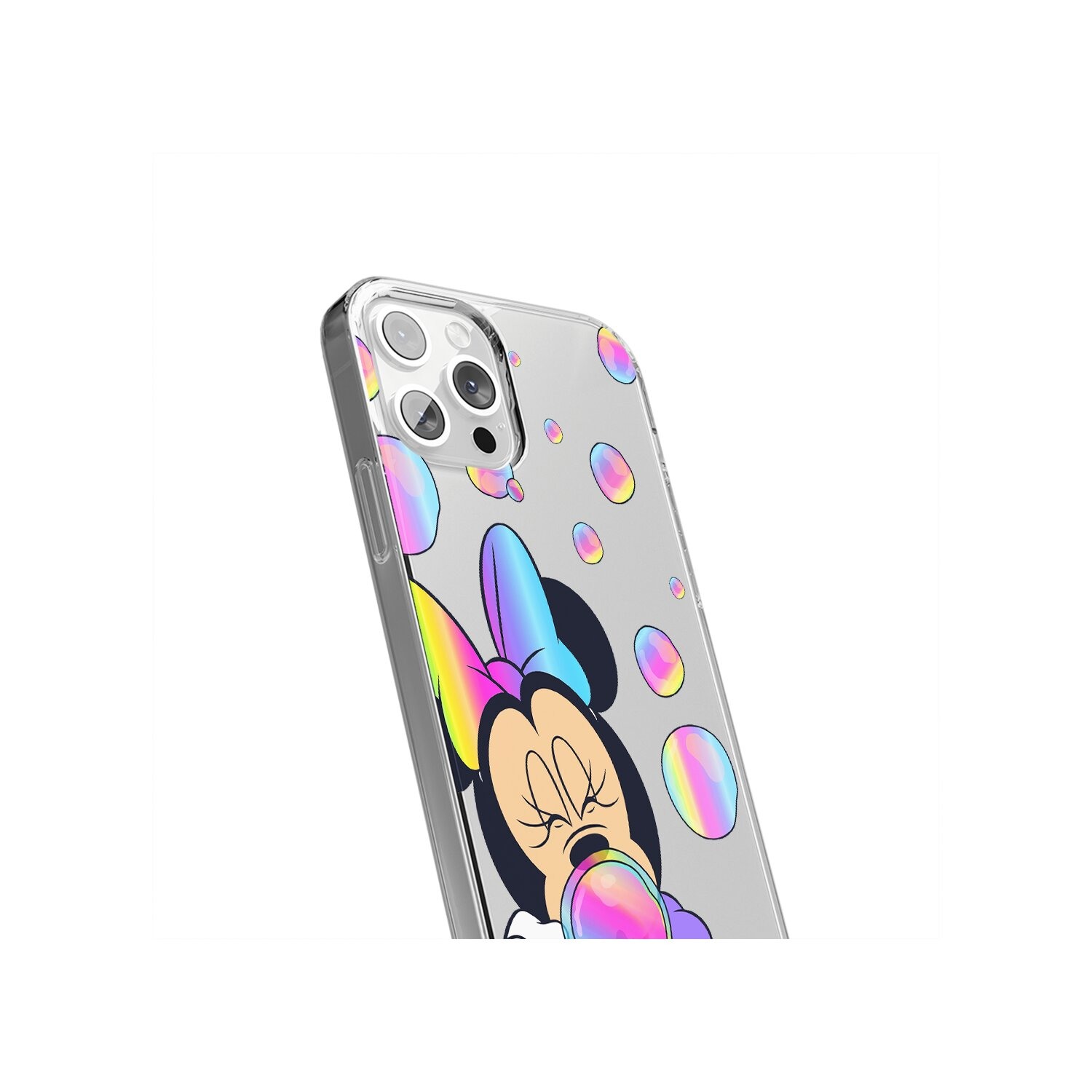 Transparante telefoonhoes met Minnie Mouse-ontwerp en kleurrijke bubbels, op een witte achtergrond.