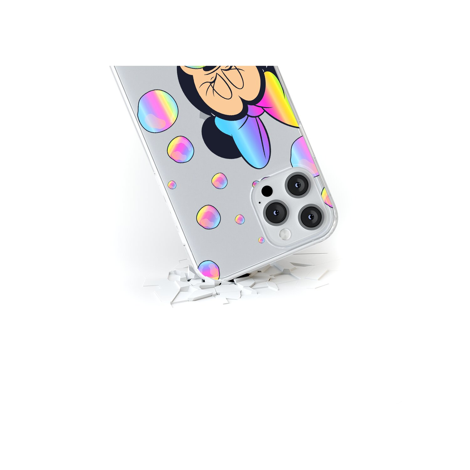 Transparante telefoonhoes met Minnie Mouse-ontwerp en bellen op witte achtergrond.