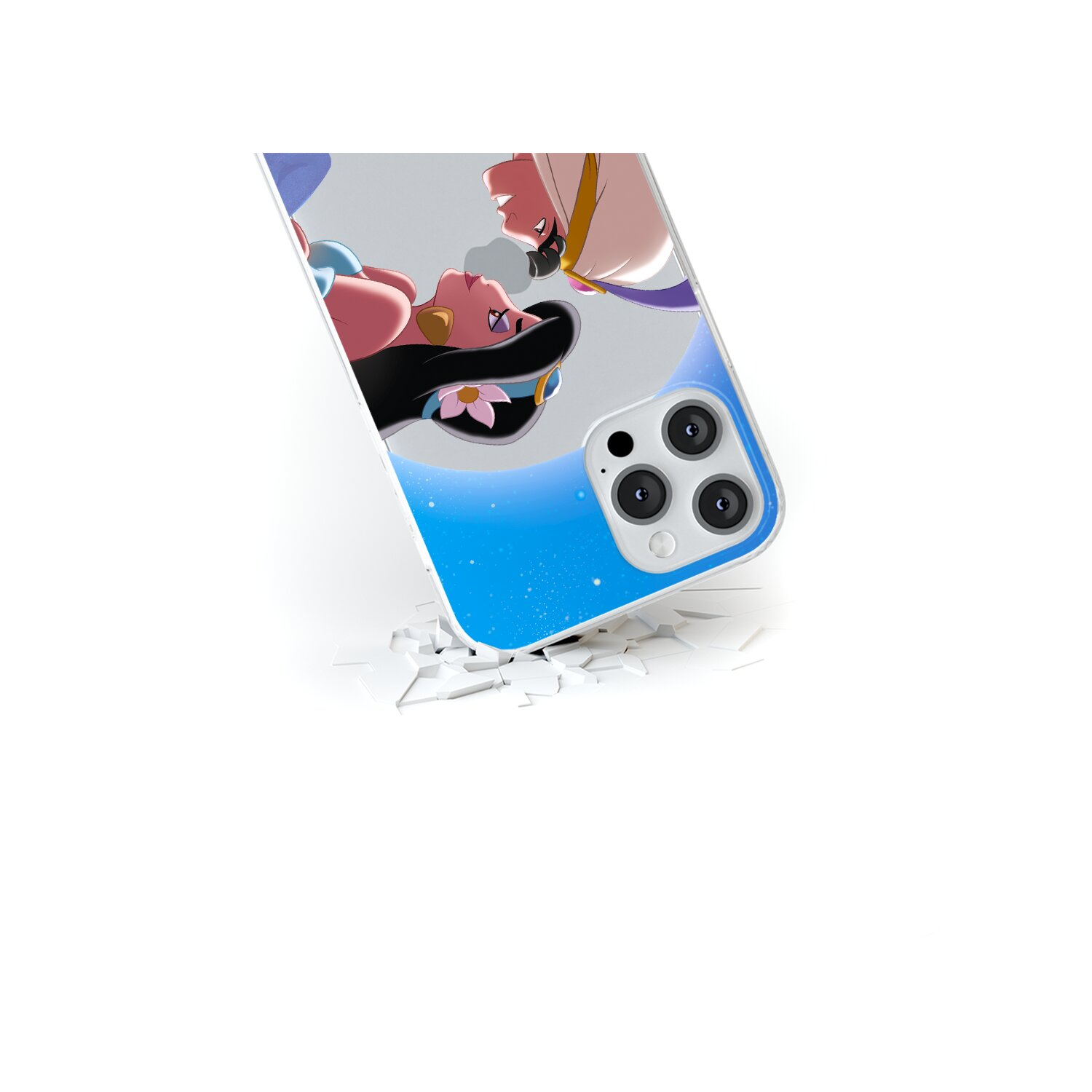Telefoonhoesje met cartoonkunst van Jasmine en Aladdin. De hoes is schuin en over een gebarsten oppervlak.