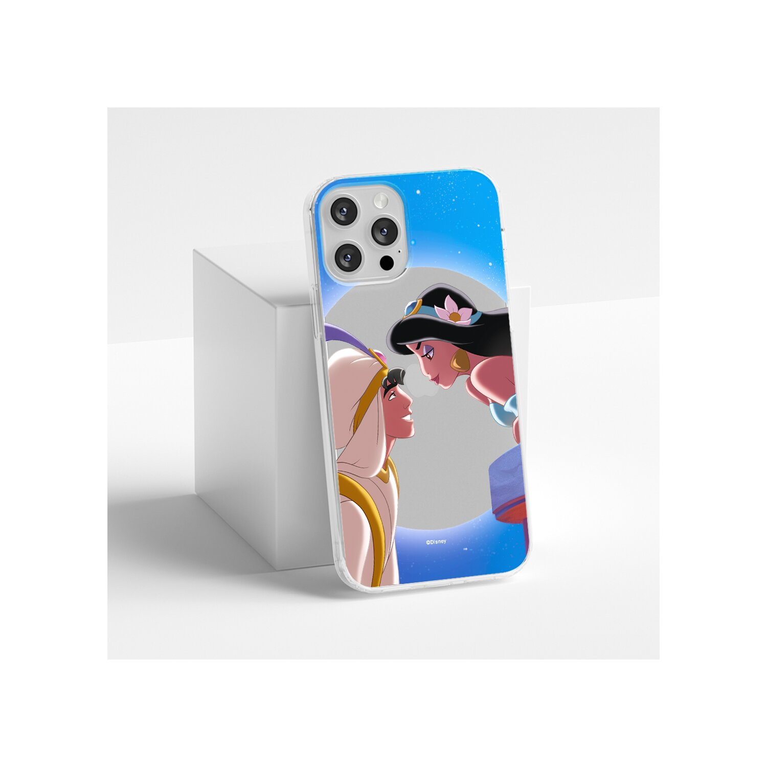 Telefoonhoesje met Aladdin en Jasmine. De hoes zit op een witte kubus. De scène speelt zich af in een blauwe lucht met volle maan.