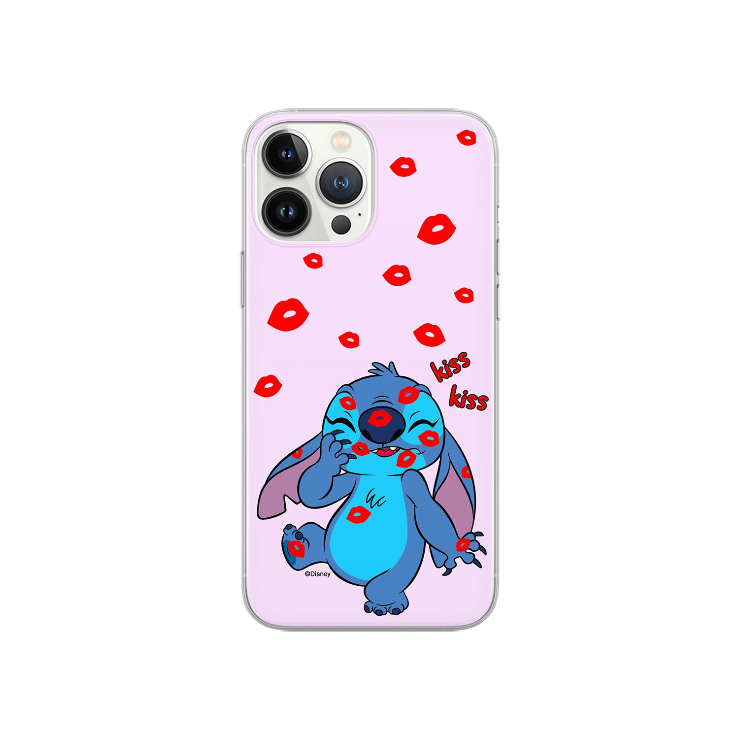 Stitch auf einer Handyhülle mit Küssen. Rosa Hintergrund. Zwei Wörter: Kuss, Kuss.