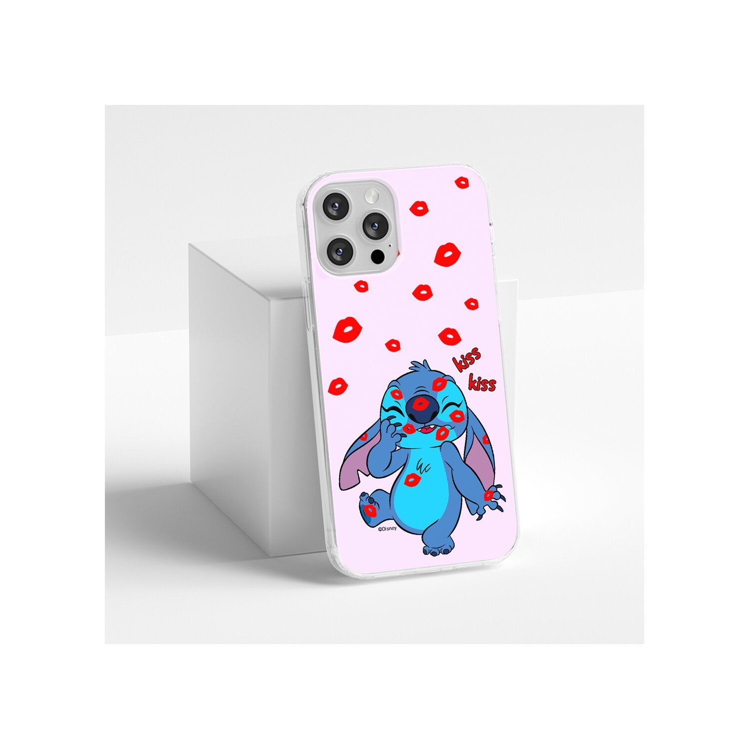 Eine Handyhülle mit einer blauen Stitch-Cartoonfigur mit roten Küssen auf rosa Hintergrund.