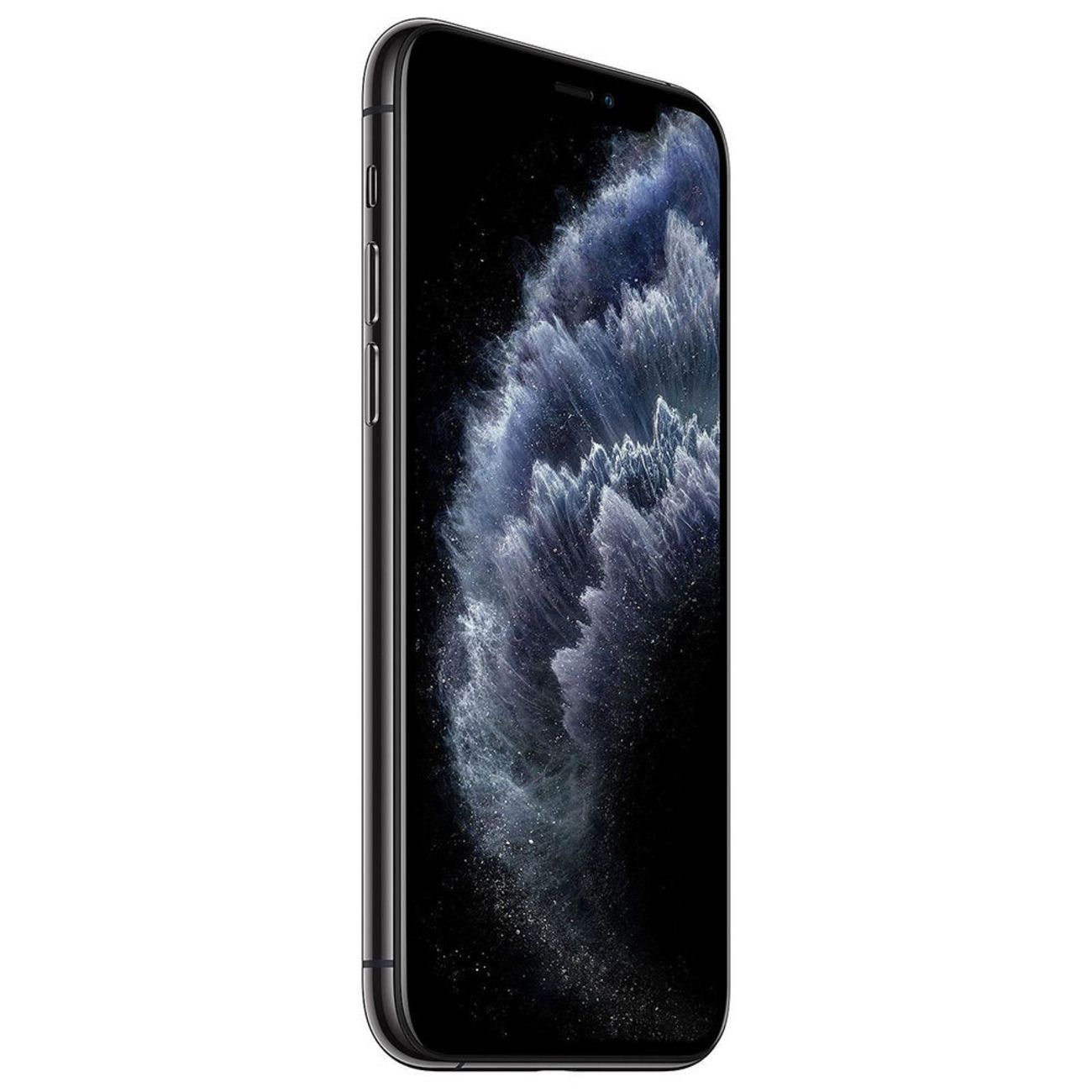 Smartphone nero con schermo curvo. Lo schermo mostra un'immagine astratta. Il telefono è su uno sfondo bianco.