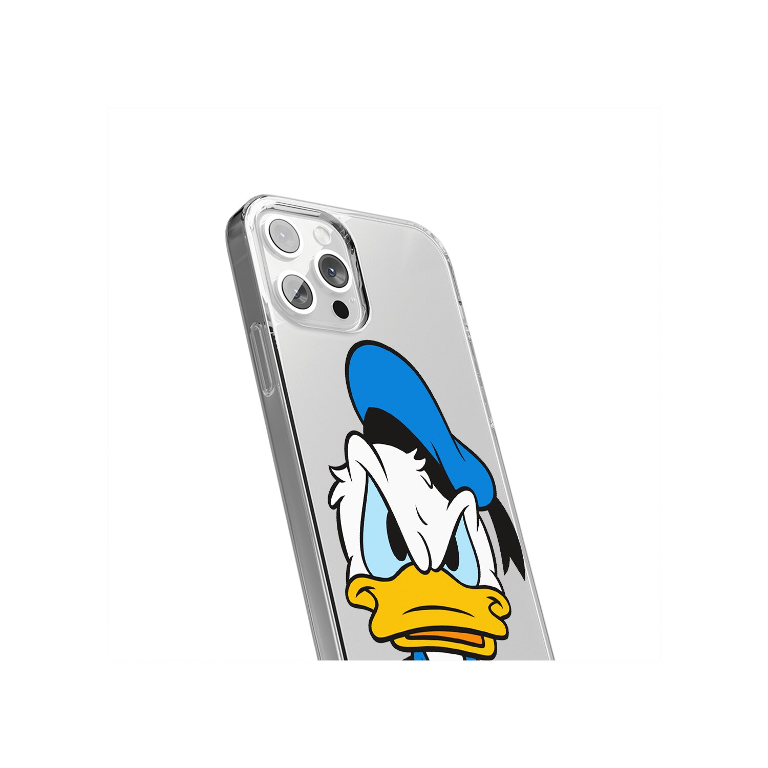 Close-up van een telefoonhoesje met het gezicht van Donald Duck.