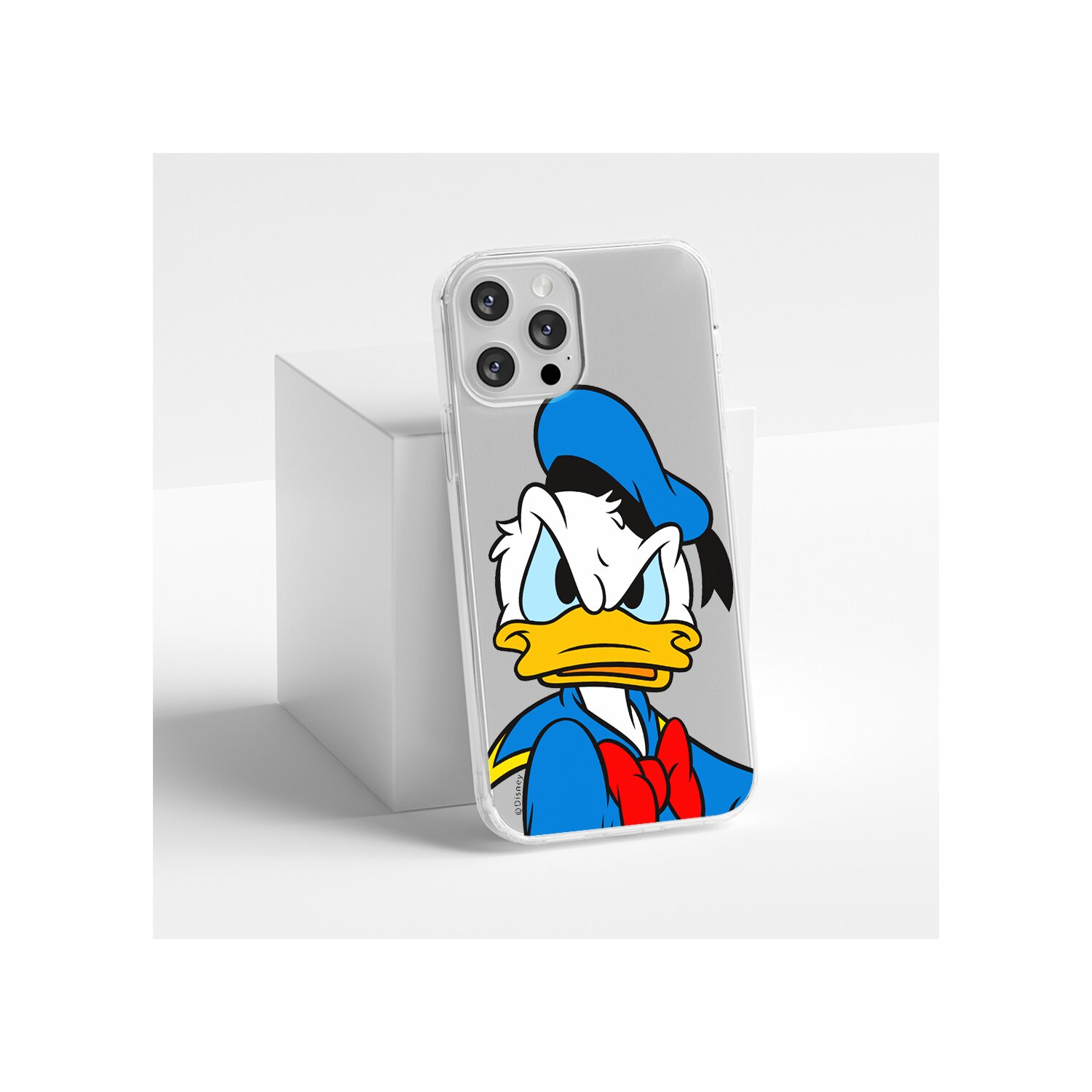 Een telefoonhoesje met Donald Duck op een wit oppervlak.