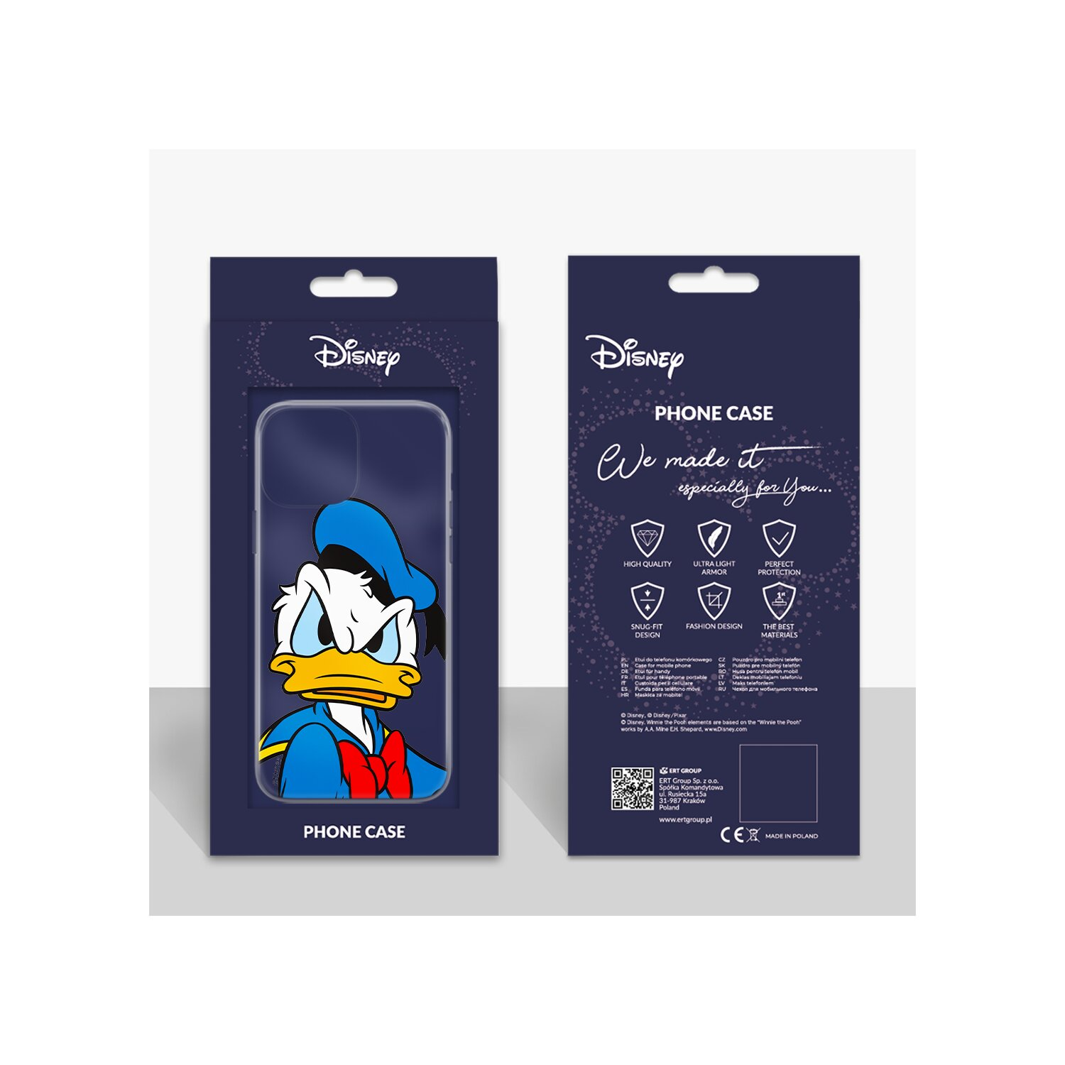 Een telefoonhoesjesdoos met Donald Duck erop. Tekst en logo's zijn zichtbaar.