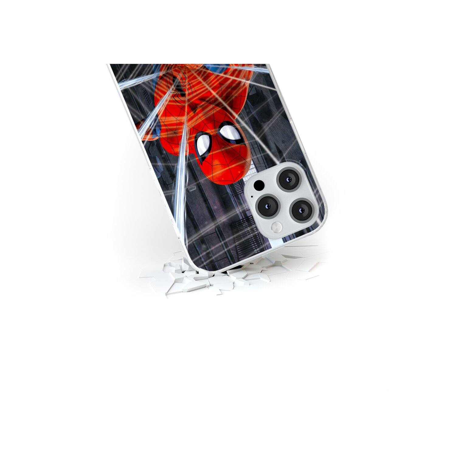Una custodia per telefono con Spider-Man, appoggiato a un edificio con una ragnatela. La custodia è rotta.