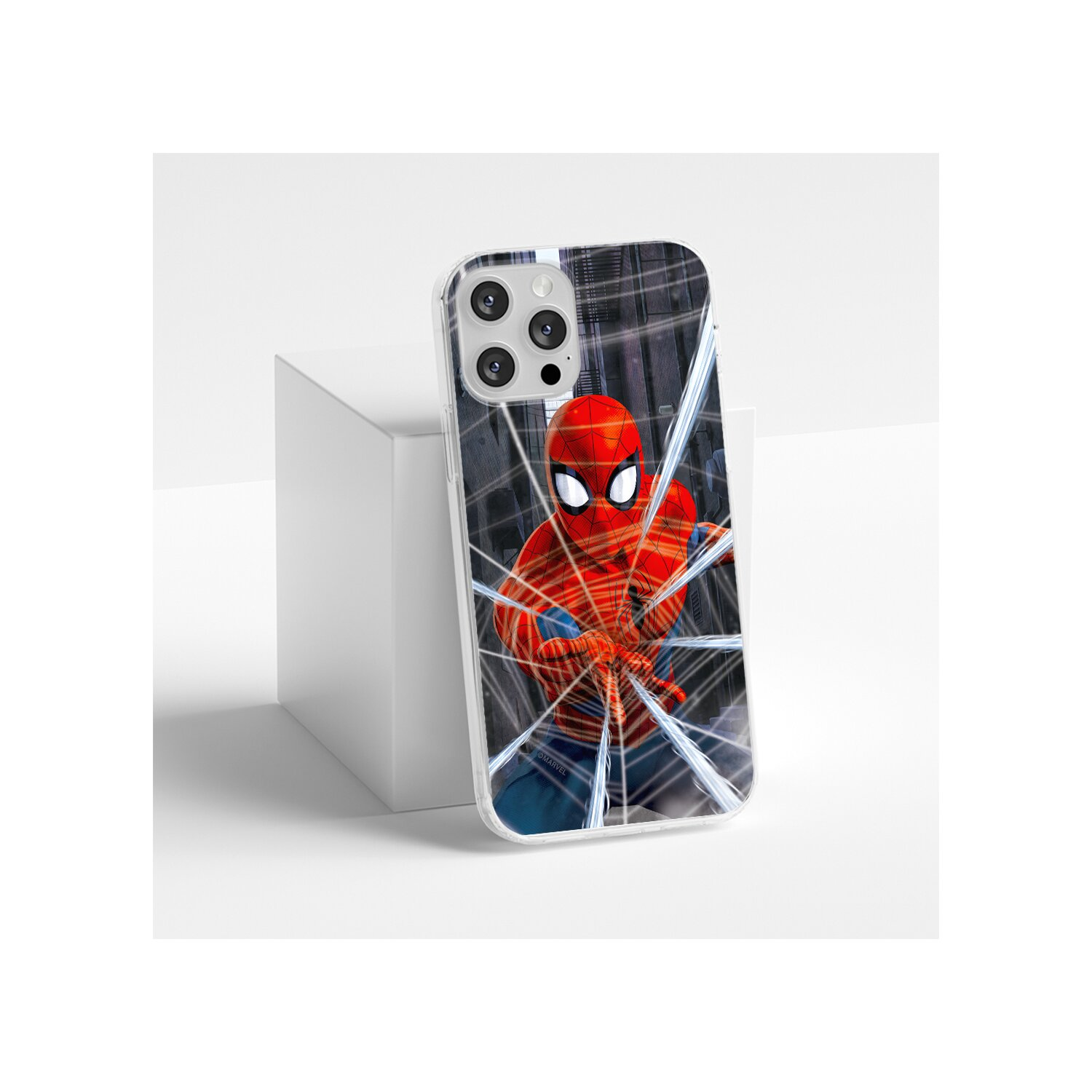 Custodia per telefono Spiderman. Spiderman in azione, con sfondo di città.