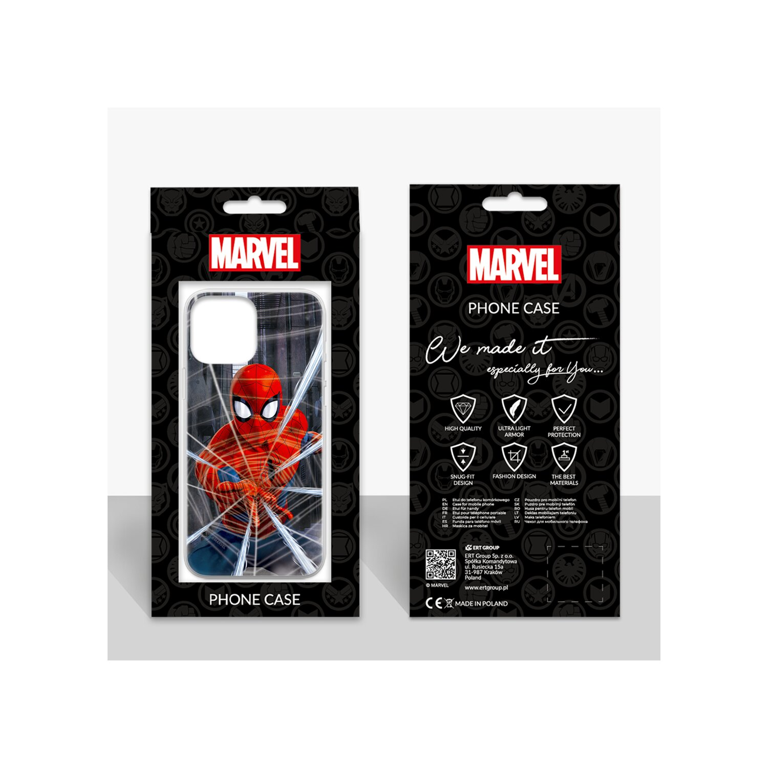 Confezione custodia per telefono, fronte e retro, con un design di Spider-Man. Include 'Phone Case' e il marchio Marvel.