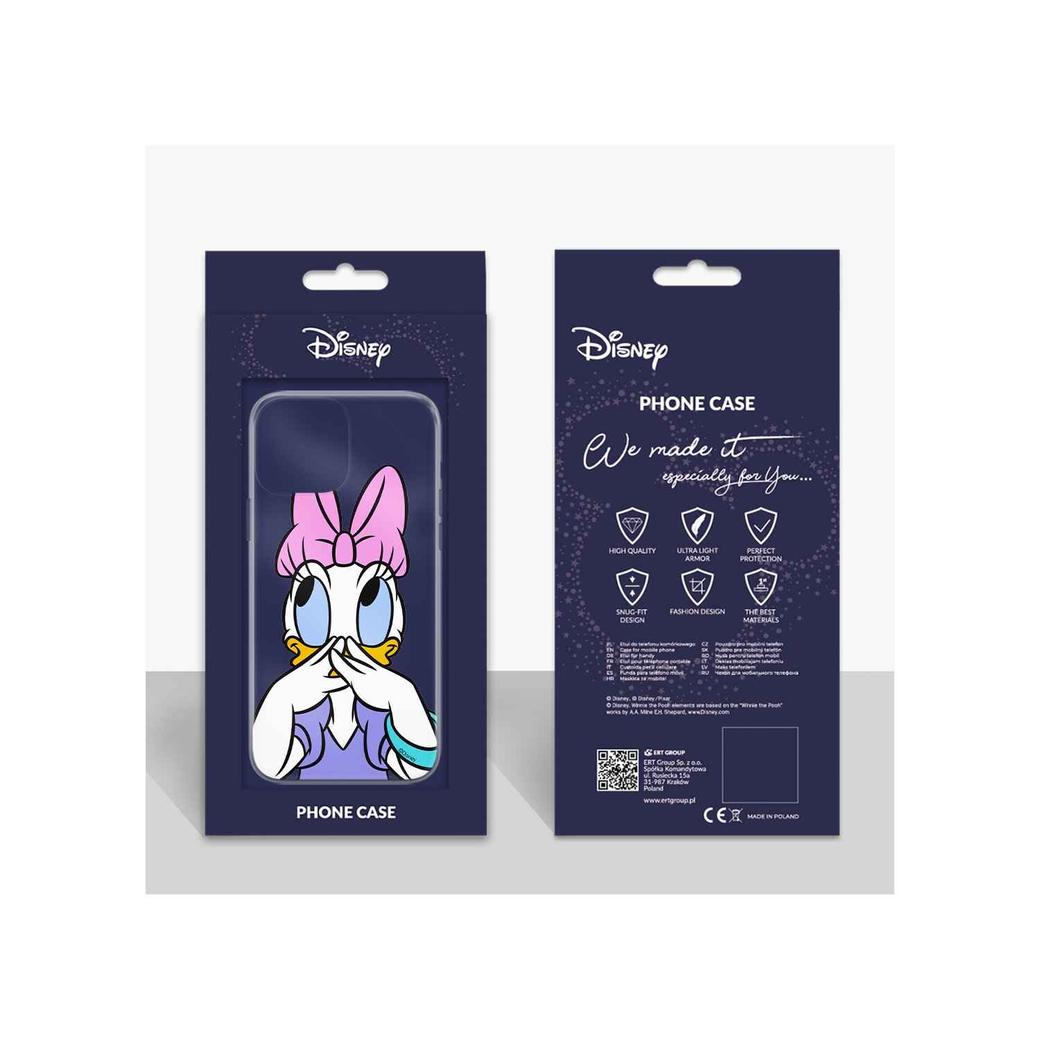 Una confezione per custodia per telefono con un design di Paperina, che mostra la parte anteriore e posteriore del prodotto.