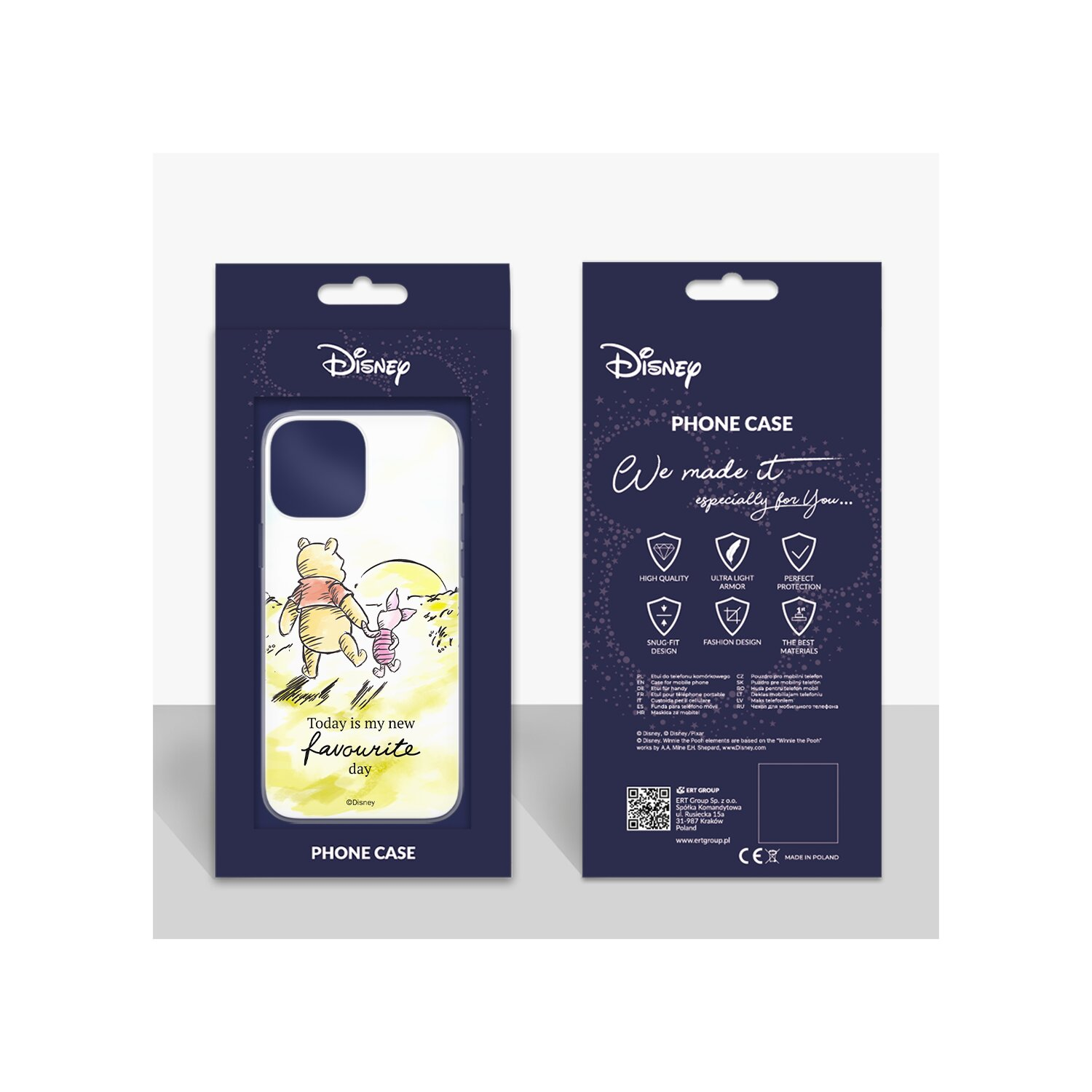 Eine Handyhüllenbox mit Winnie the Pooh darauf. Text und Logos sind sichtbar.