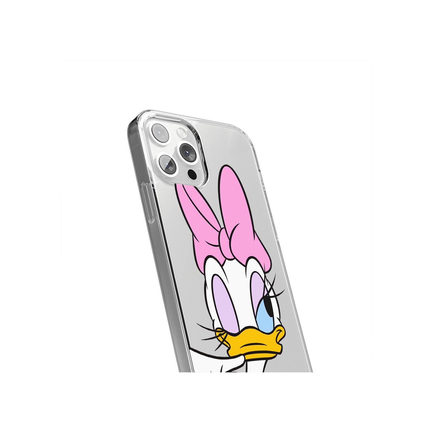 Custodia trasparente per telefono con un design Daisy Duck. La custodia è su sfondo bianco.