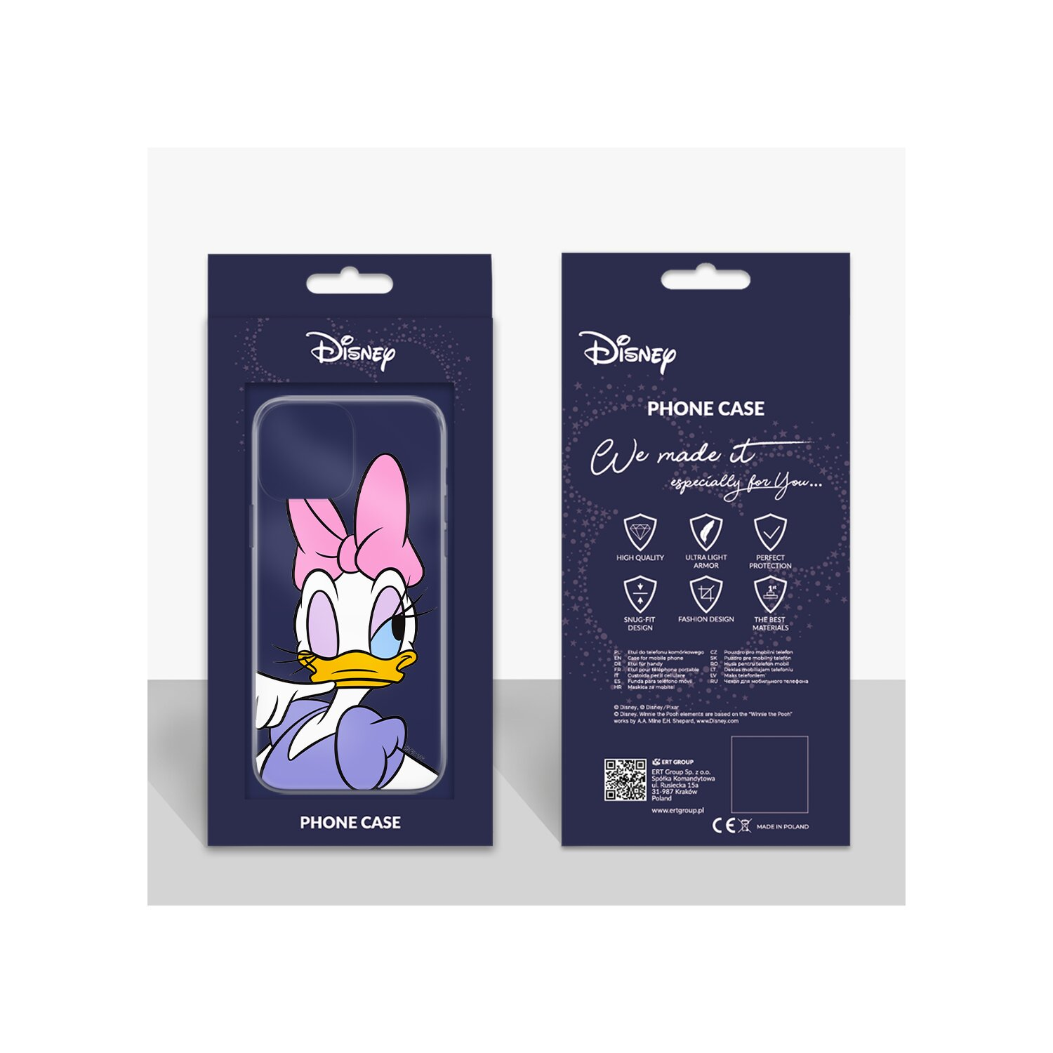 Confezione della custodia per telefono Disney. Immagine di Paperina su una scatola blu e bianca.