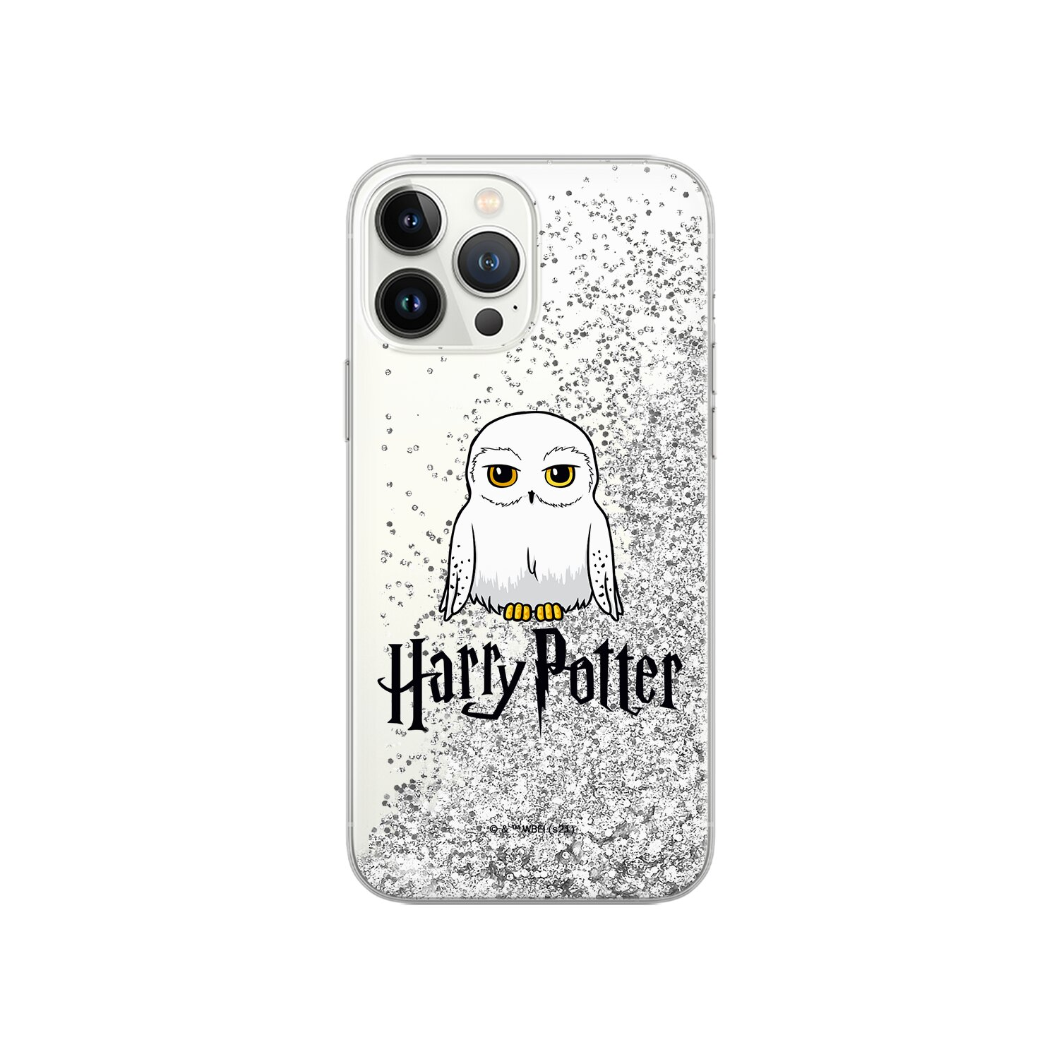Handyhülle mit einer weißen Eule und dem Schriftzug 'Harry Potter' auf Glitzerhintergrund.