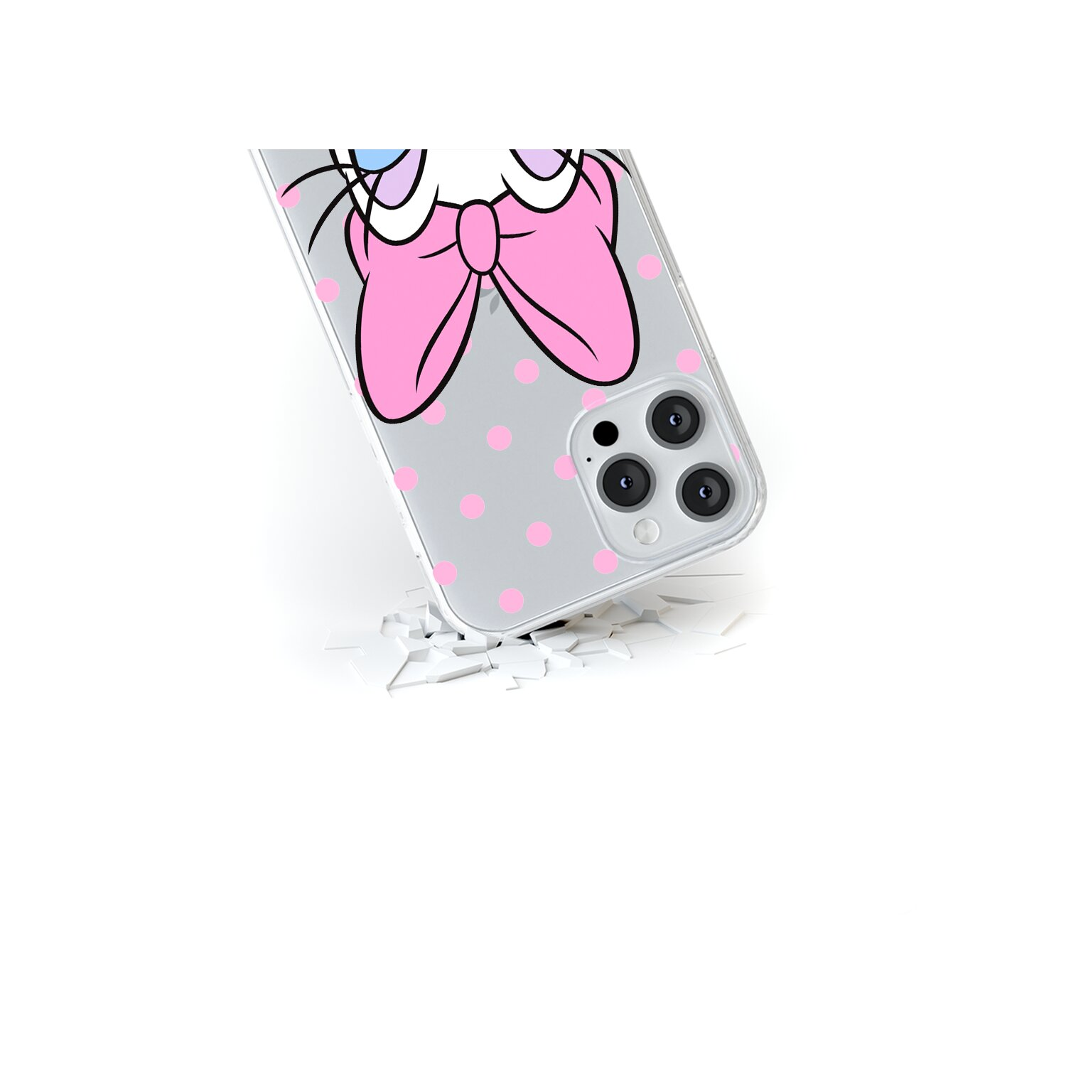 Custodia per telefono con Minnie Mouse. Un fiocco rosa a pois e una custodia.