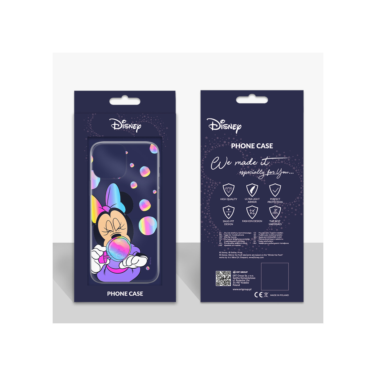 Una scatola per custodia per telefono con un design di Minnie Mouse. La custodia è trasparente con bolle colorate.