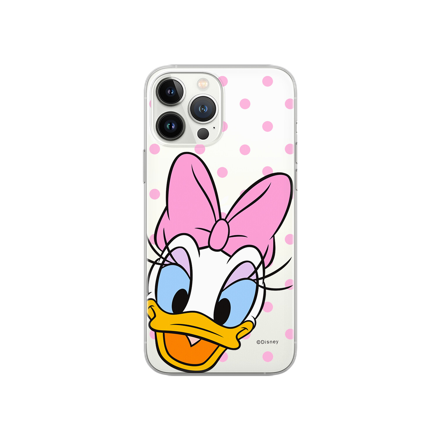 Una custodia per telefono con la faccia di Paperina e un fiocco rosa, con pois rosa su sfondo bianco.