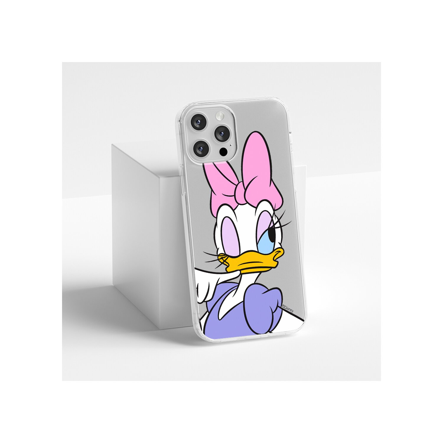 Daisy Duck auf einer Handyhülle. Die Handyhülle ist durchsichtig. Das Telefon befindet sich auf einem weißen Würfel.