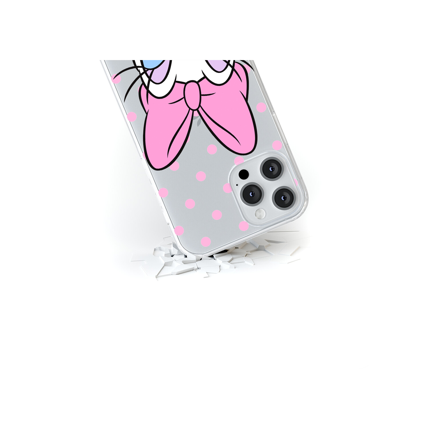 Custodia per telefono con la faccia di Paperina, fiocco e pois rosa su sfondo grigio.