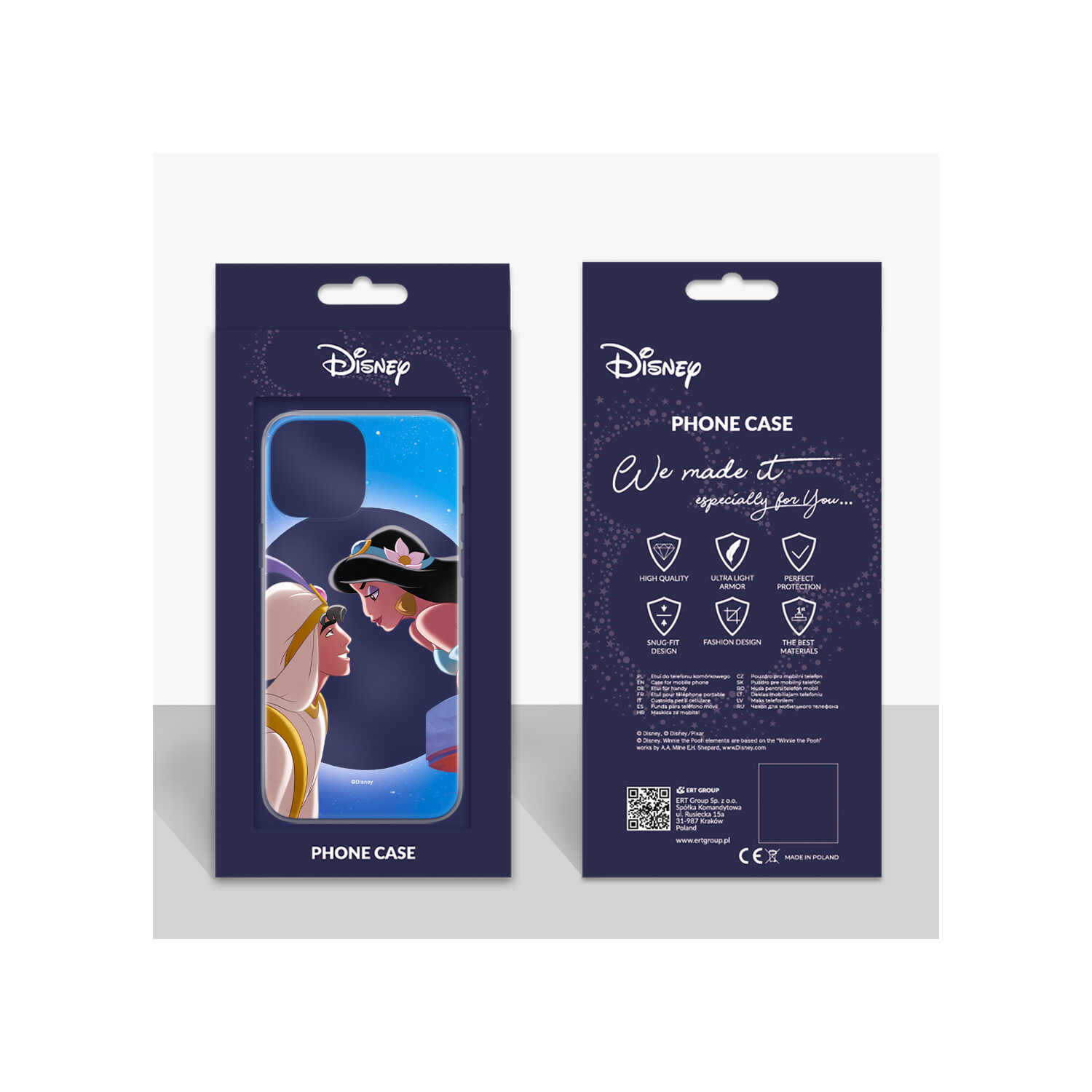 Scatola per custodia del telefono con Aladdin e Jasmine di Disney. La custodia mostra la coppia innamorata.