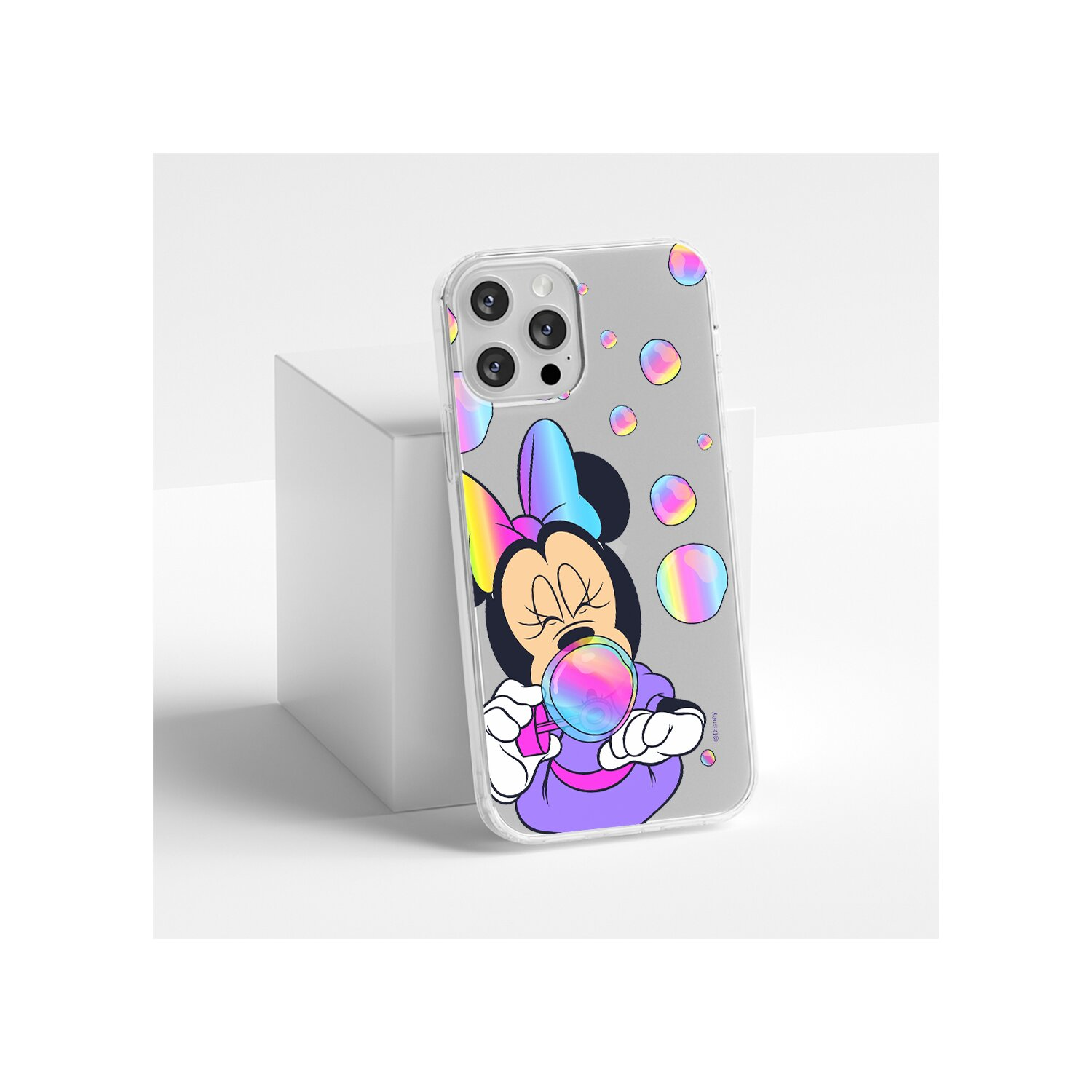 Una custodia per telefono con Minnie che soffia una bolla. La custodia è glitterata con bolle intorno.
