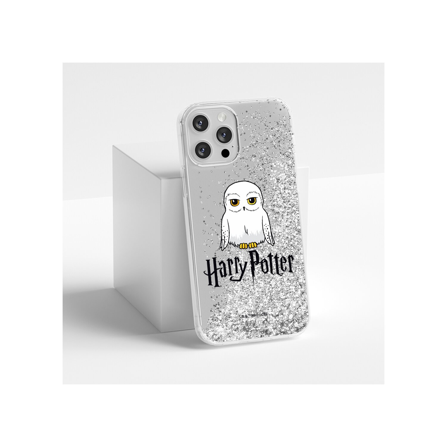 Transparente Handyhülle mit Harry Potter Design und weißem Block.