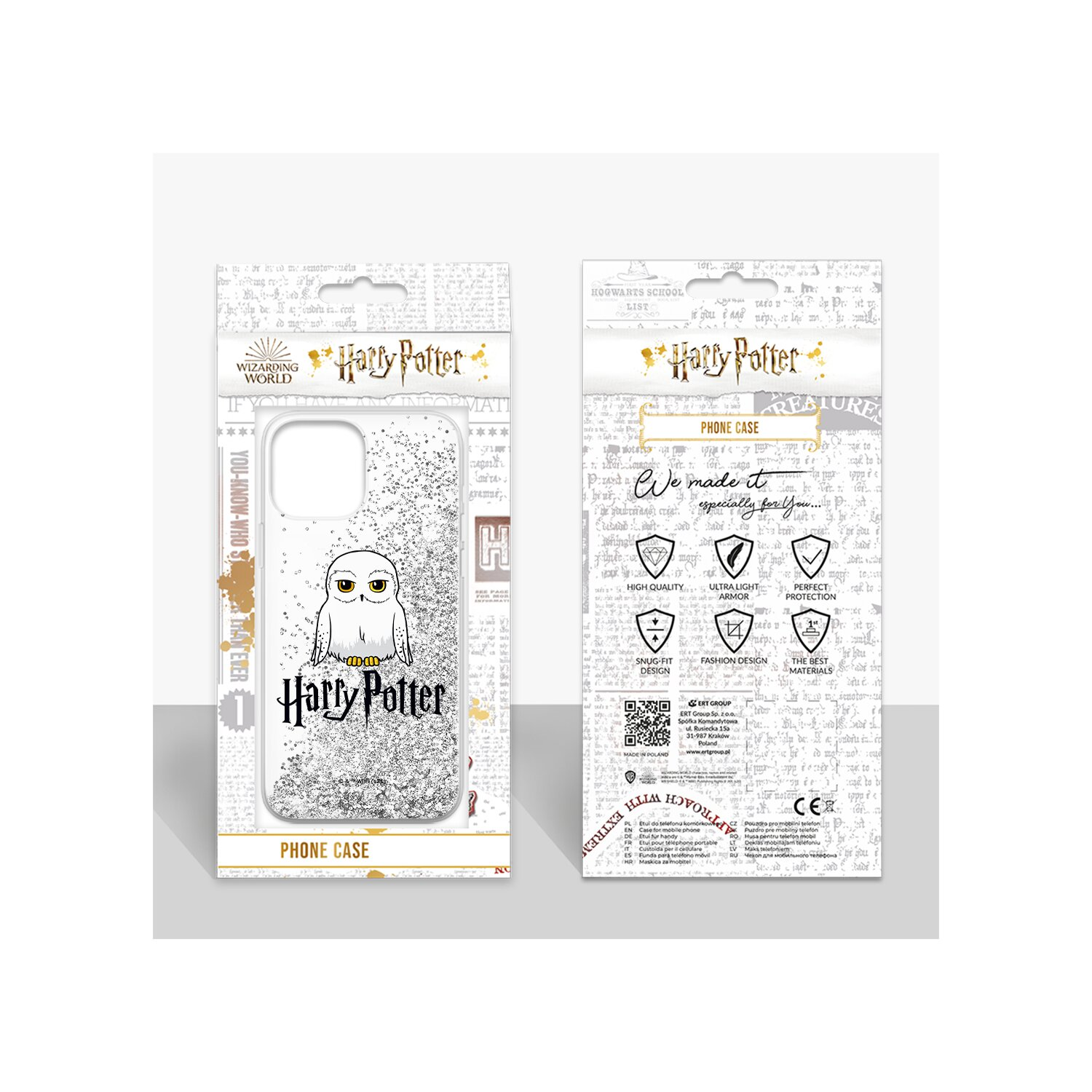 Harry Potter Handyhüllenverpackung. Das Case zeigt eine weiße Eule und das Harry Potter Logo.