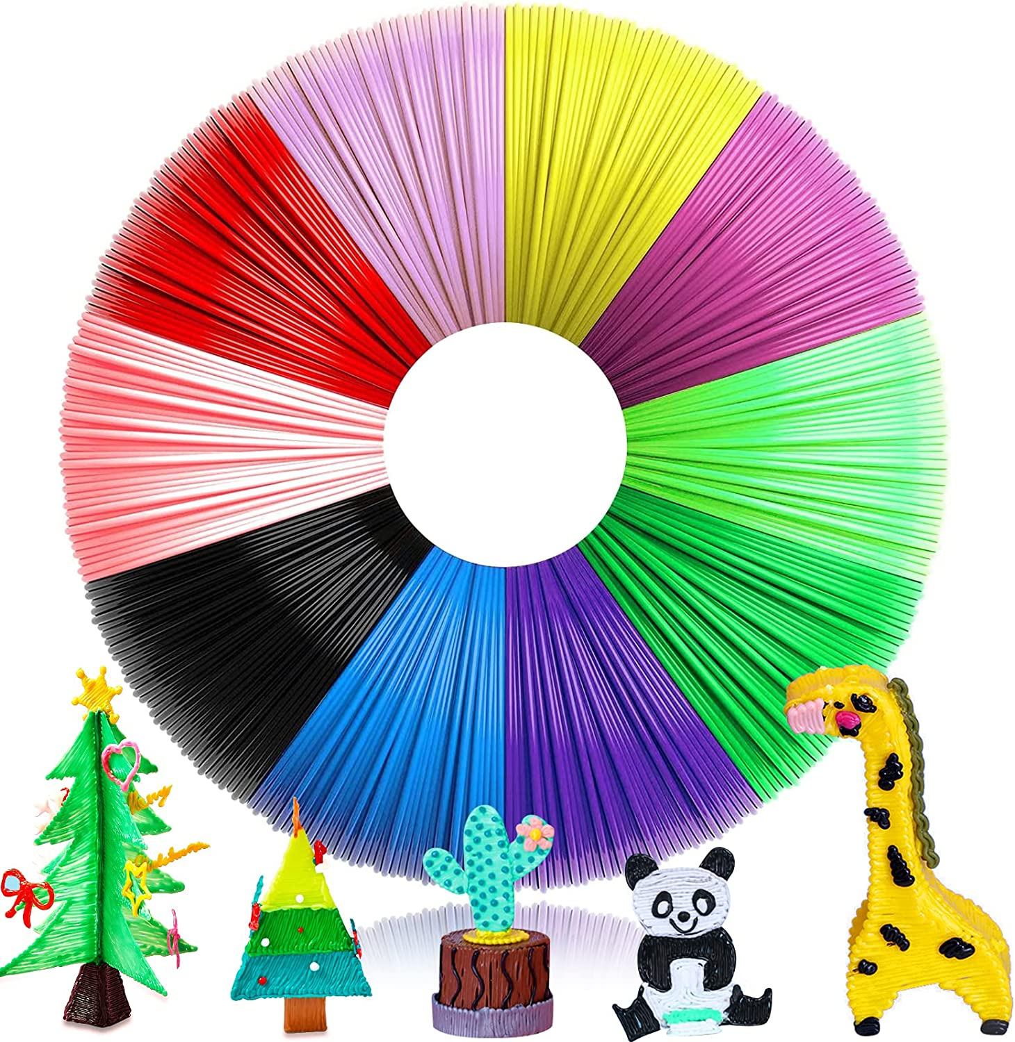 Buntes 3D-Stift-Kunstwerk. Enthält Baum, Kaktus, Panda, Giraffe und einen Farbkreis.