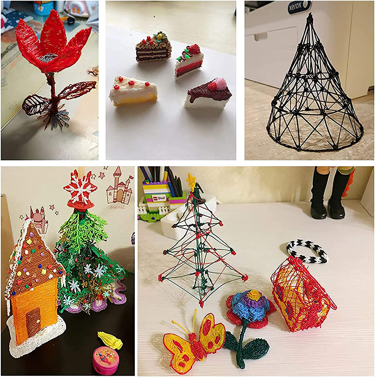 Collage von 3D-Stiftkunst: Blume, Kuchenstücke, Eiffelturm, Weihnachtsbaum und andere.