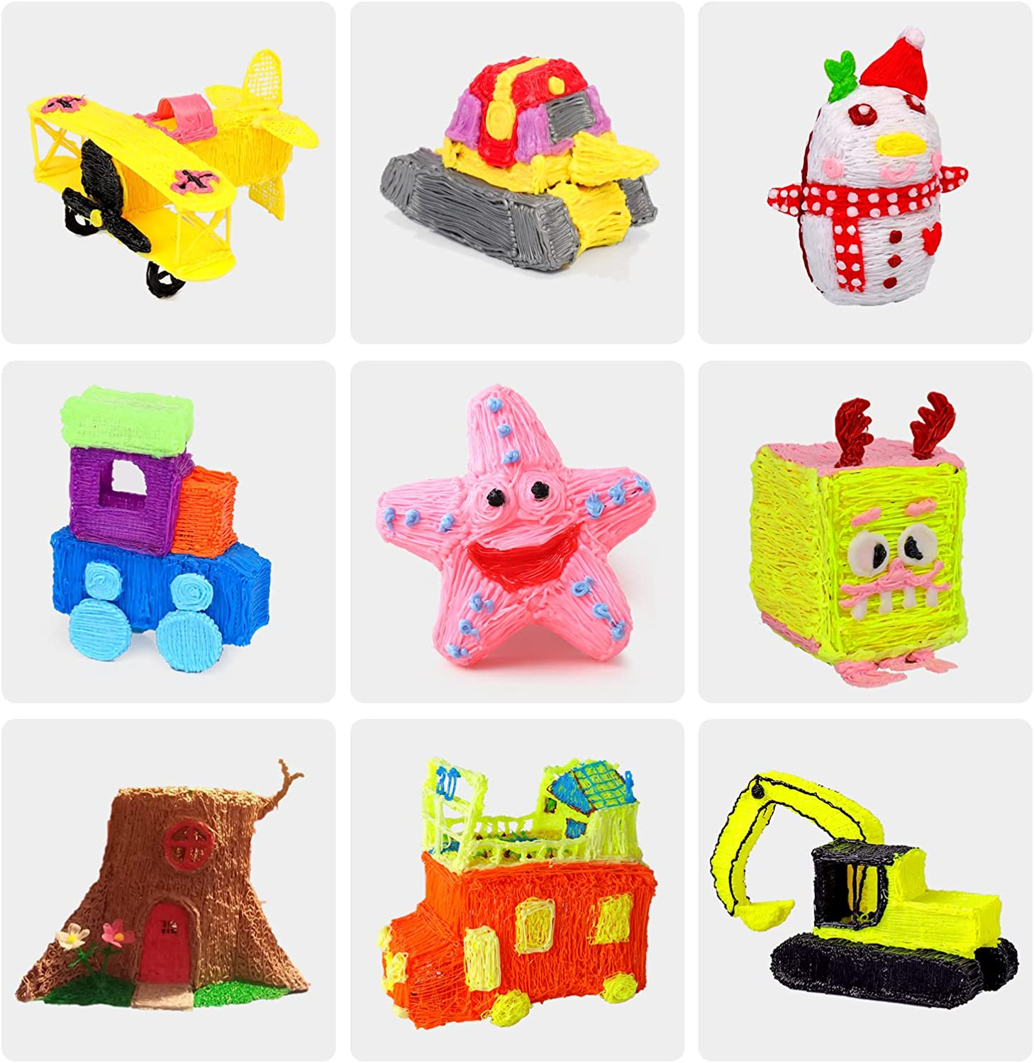 Nueve figuras coloridas impresas en 3D. Incluyen un avión, un tanque, un muñeco de nieve y otros.
