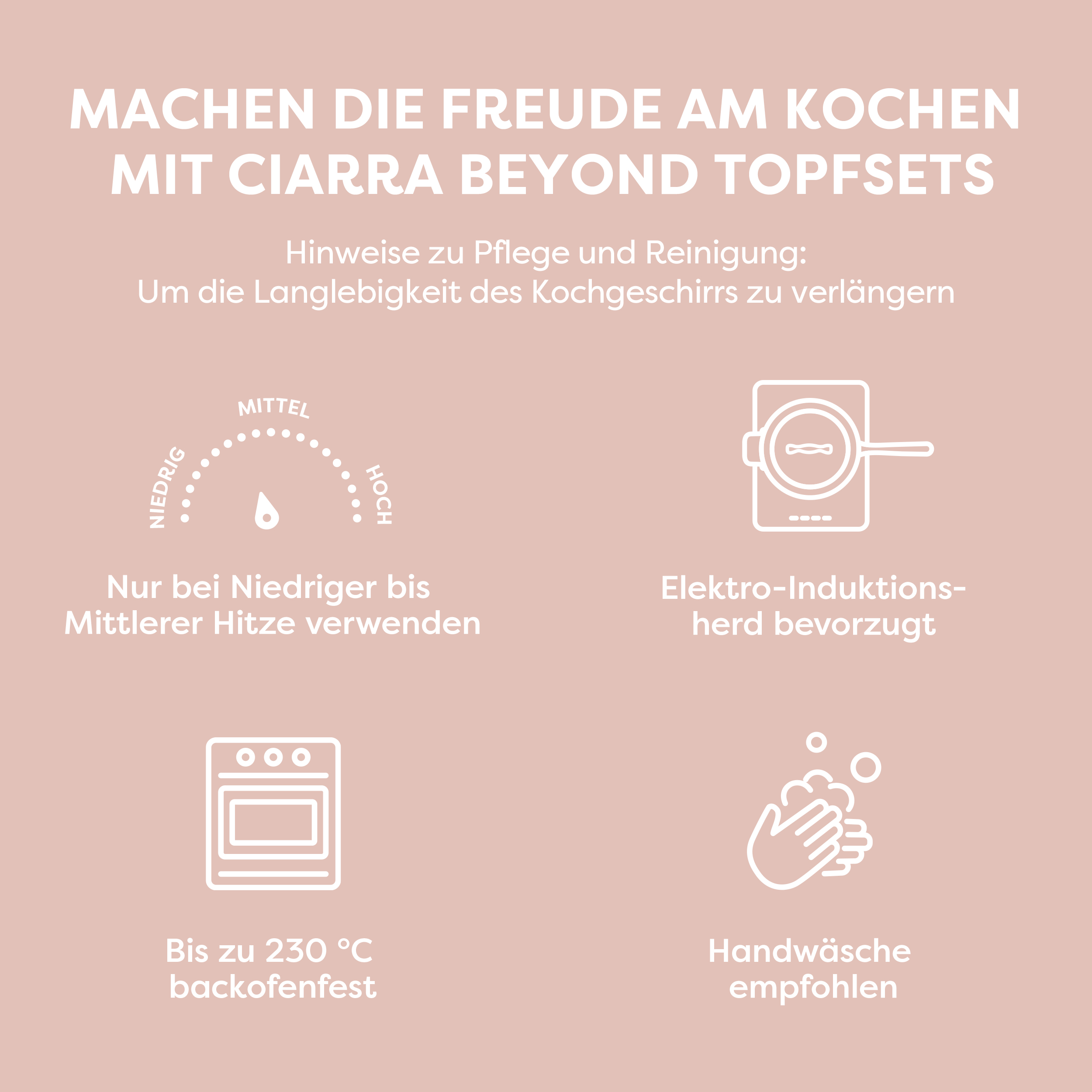 Anweisungen auf weißem Hintergrund mit Symbolen für Kochanweisungen und Pflegetipps.