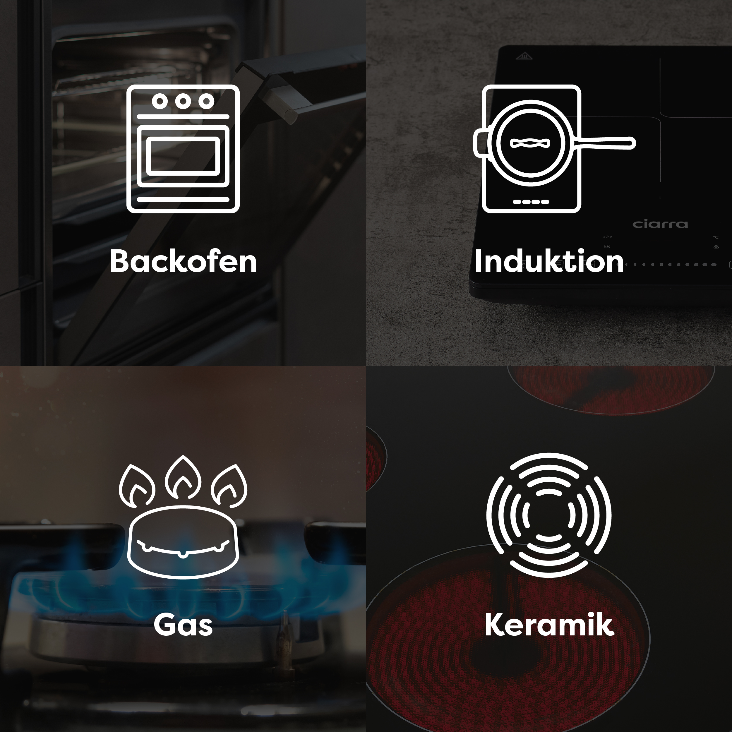Vier Kochmethoden: Backofen, Induktion, Gas und Keramik, jeweils mit einem zugehörigen Symbol.