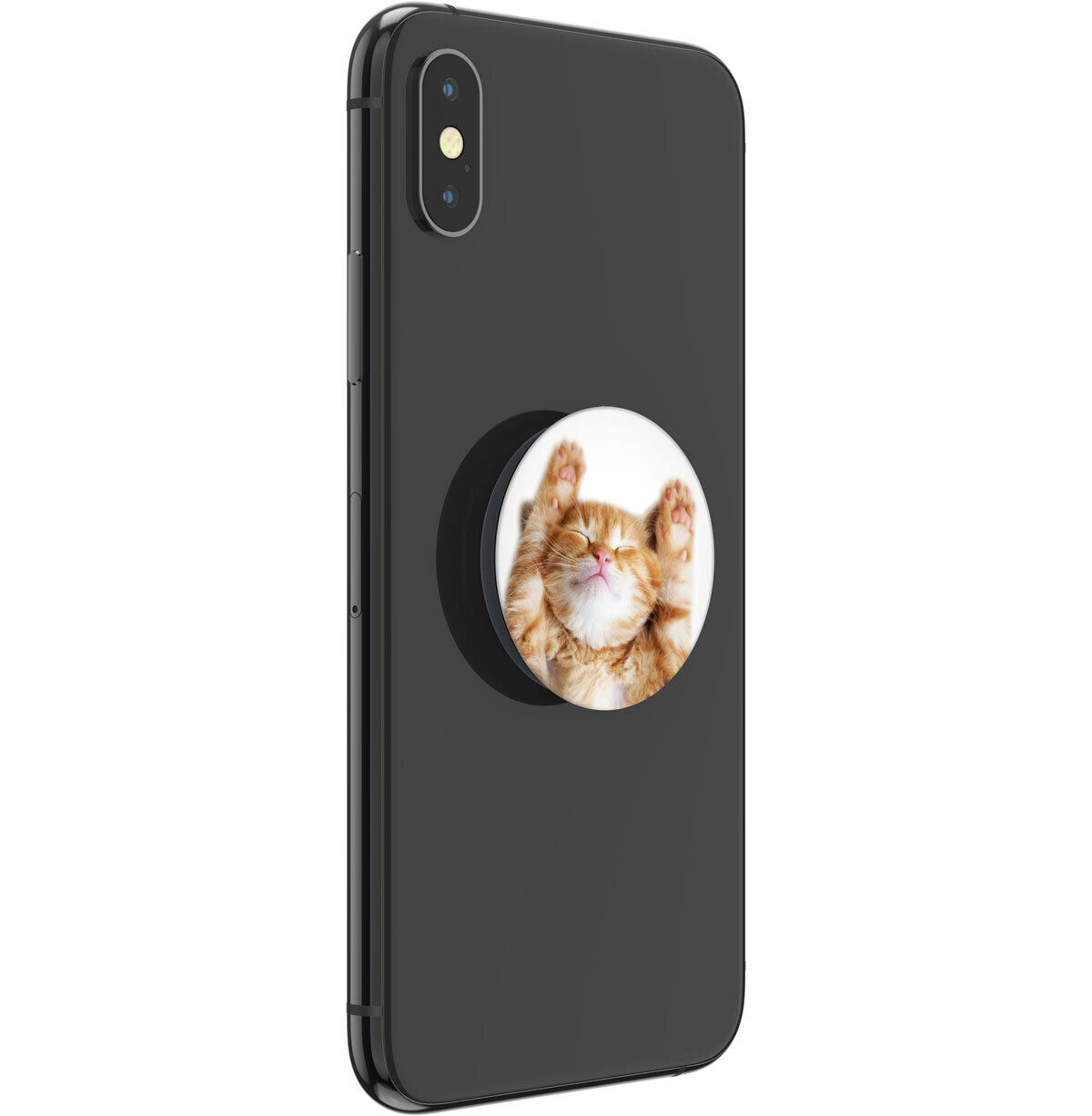 Ein Telefon mit einem Pop-up-Griff einer Katze mit erhobenen Pfoten.