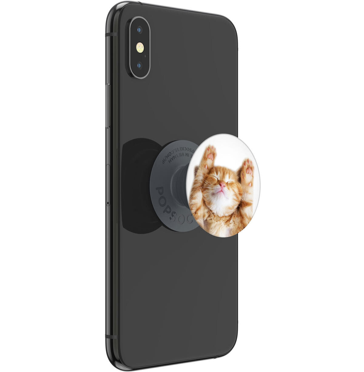 Schwarzes Telefon mit befestigtem Katzen-PopSocket. Katze ist orange und weiß, hebt die Pfoten.