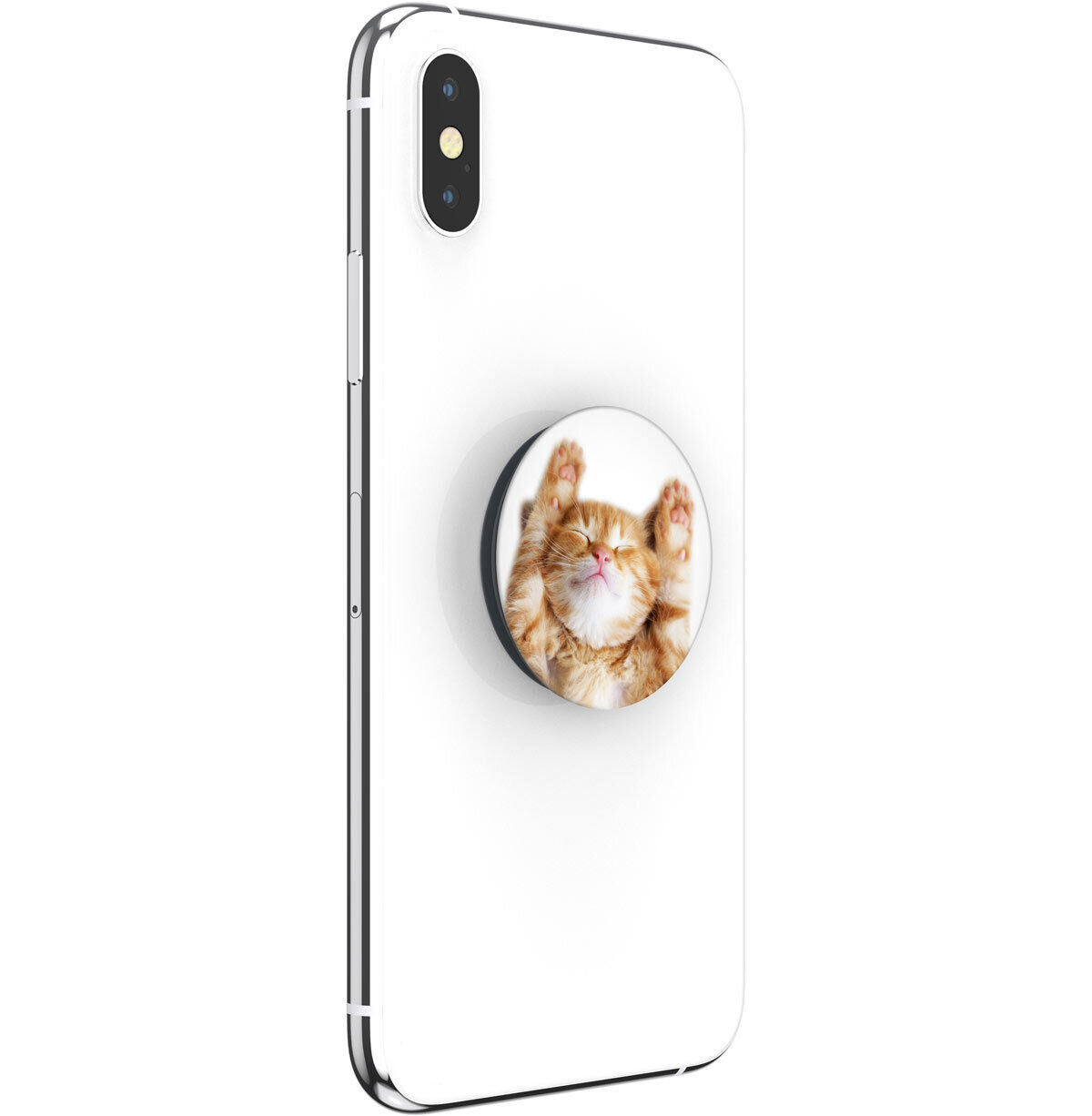 Weißes iPhone X mit einem Pop-Socket mit einer lächelnden Katze mit erhobenen Pfoten.
