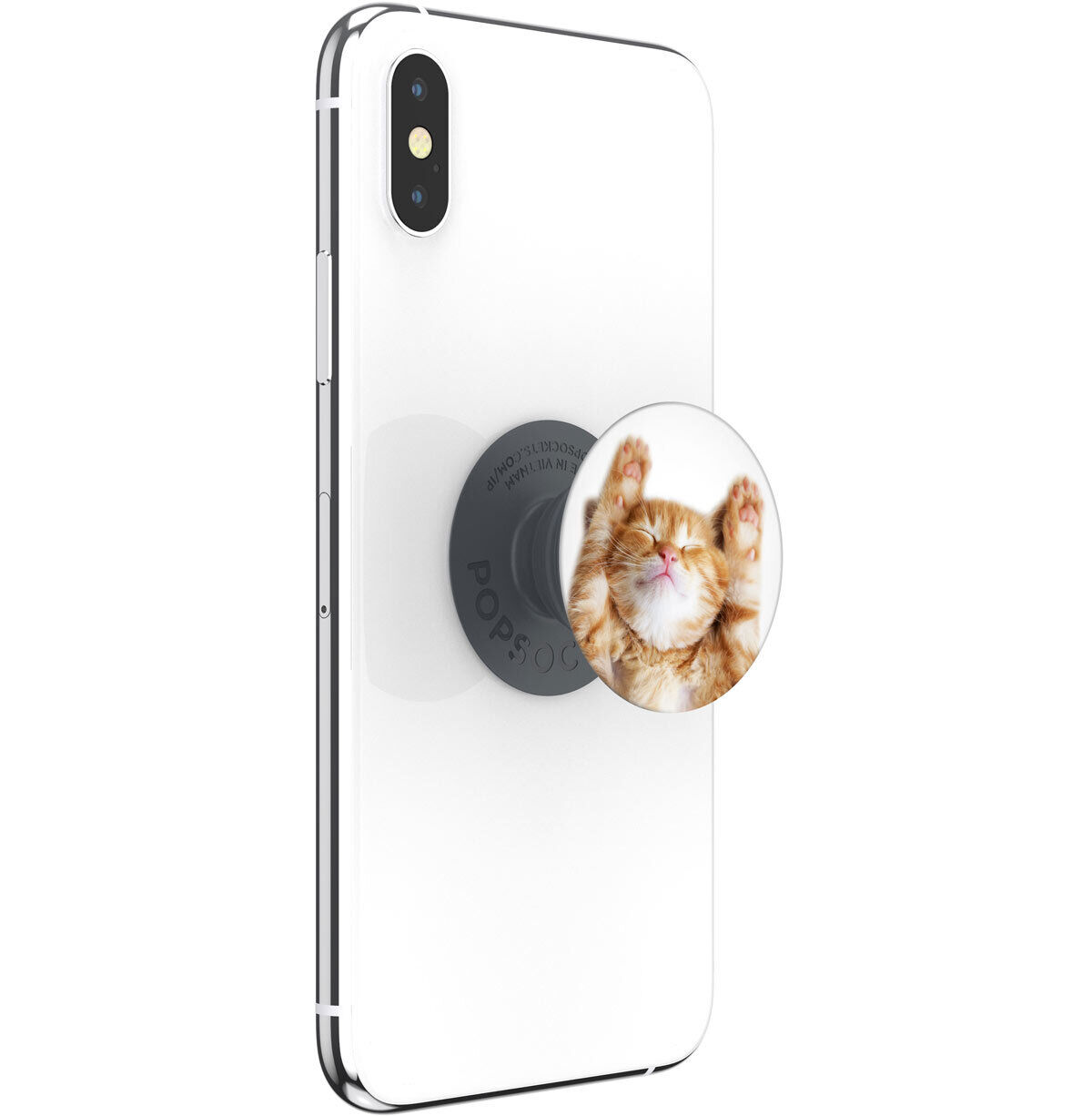 Ein weißes Telefon mit einem PopSockets-Griff mit einer Katze mit erhobenen Armen. Weißer Hintergrund.