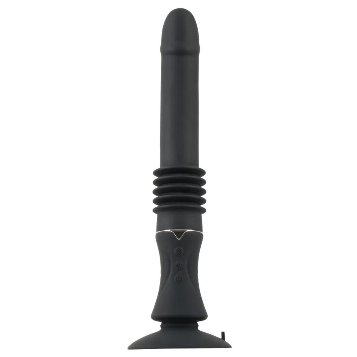 Schwarzer Vibrator mit Saugnapfbasis. Er ist auf weißem Hintergrund isoliert.