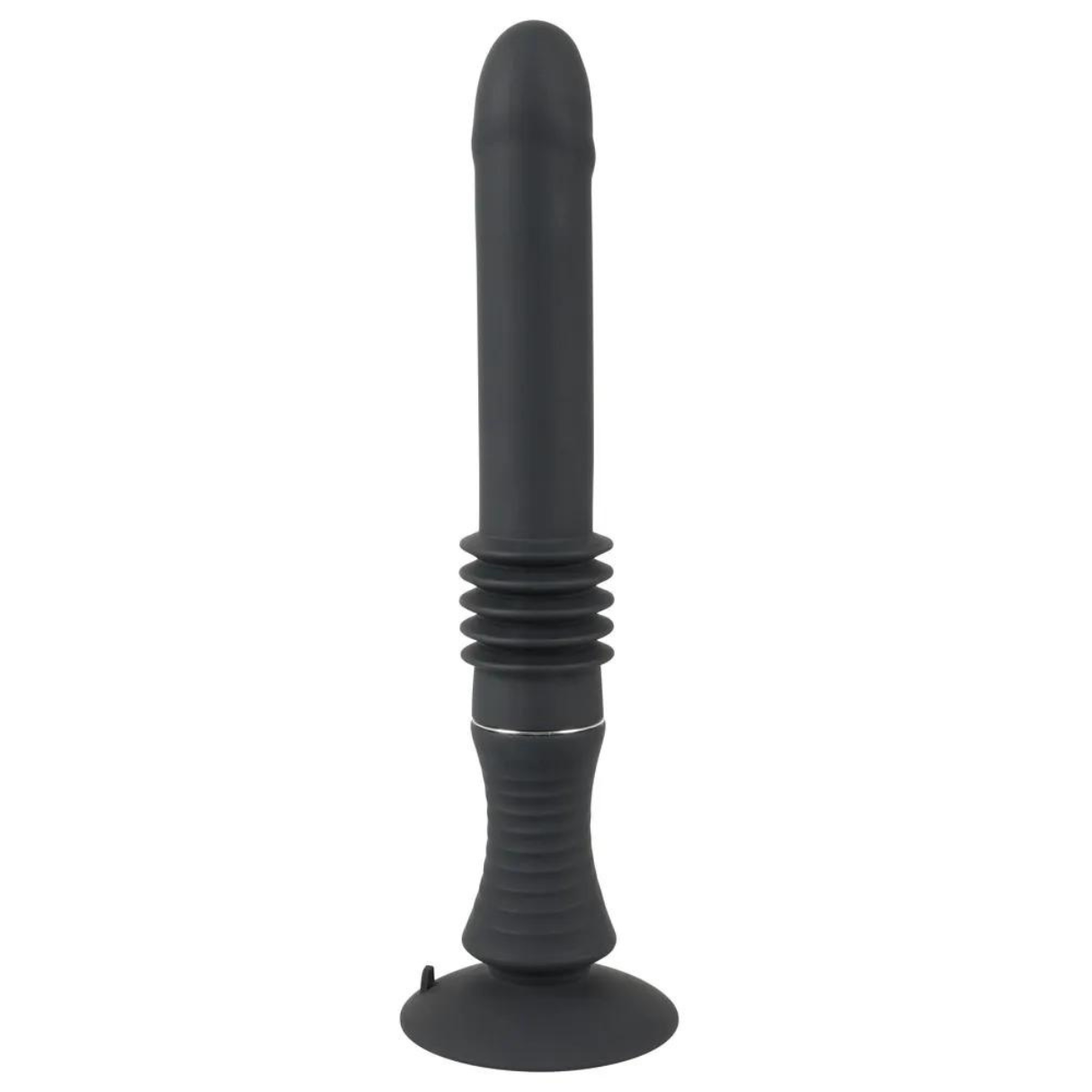 Schwarzer Dildo mit rundem Kopf und Saugnapf, auf weißem Hintergrund.