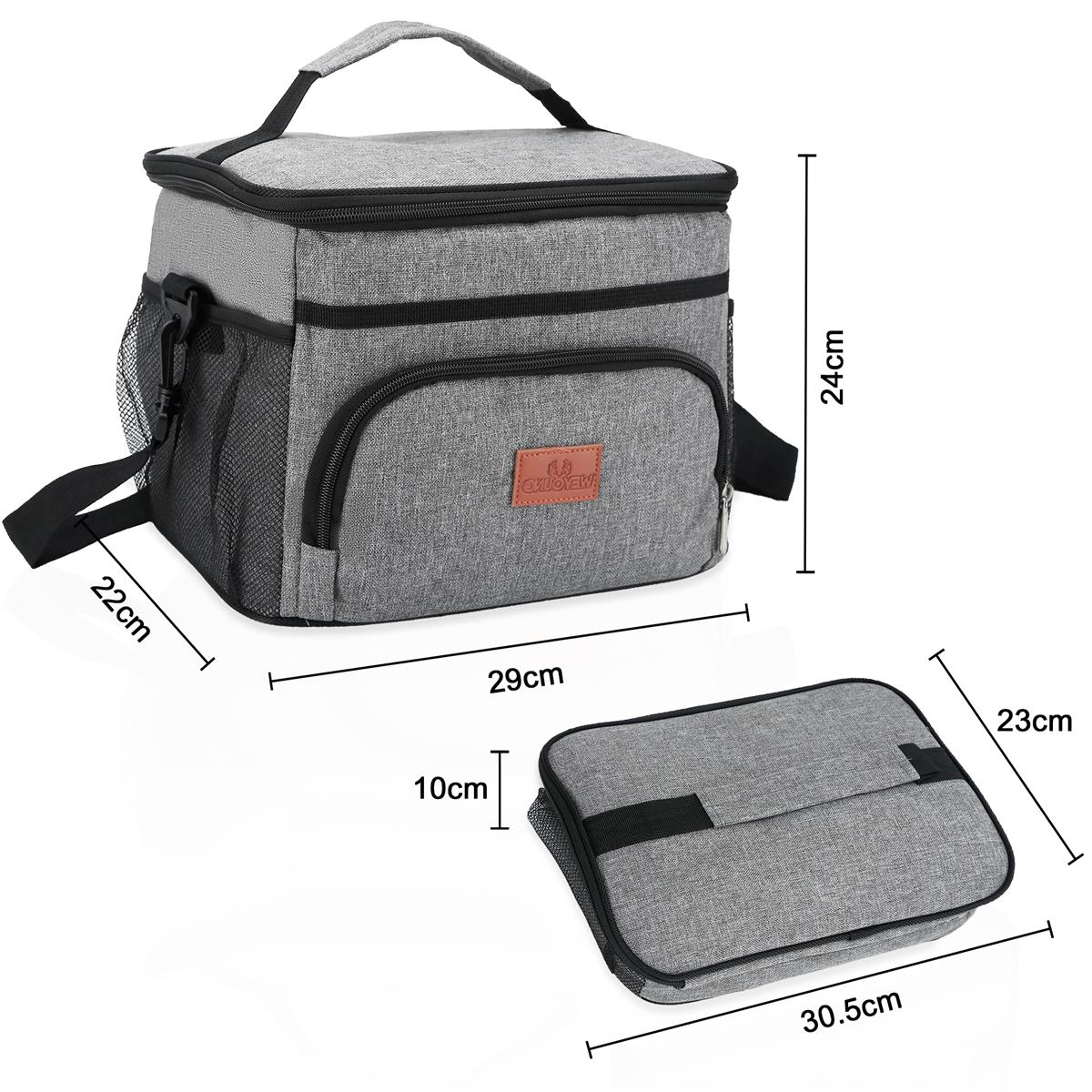 Graue isolierte Lunchtasche mit Maßen. Enthält eine passende kleinere Tasche.